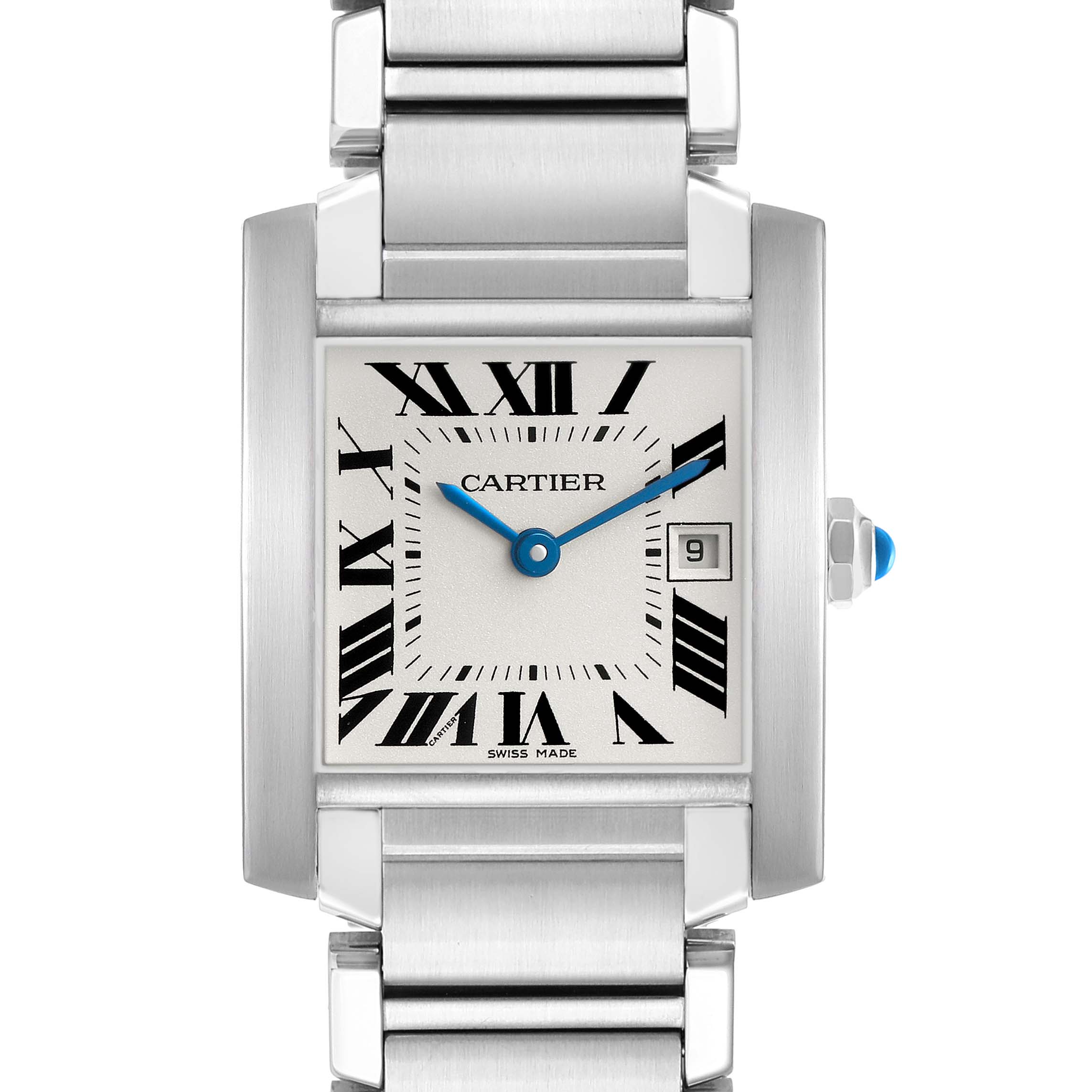 The Cartier Tank Française watch is shown from a front angle, displaying the face and metal bracelet.