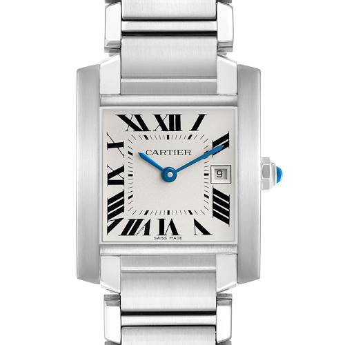 The Cartier Tank Française watch is shown from the front, highlighting the face, Roman numerals, and metal bracelet.
