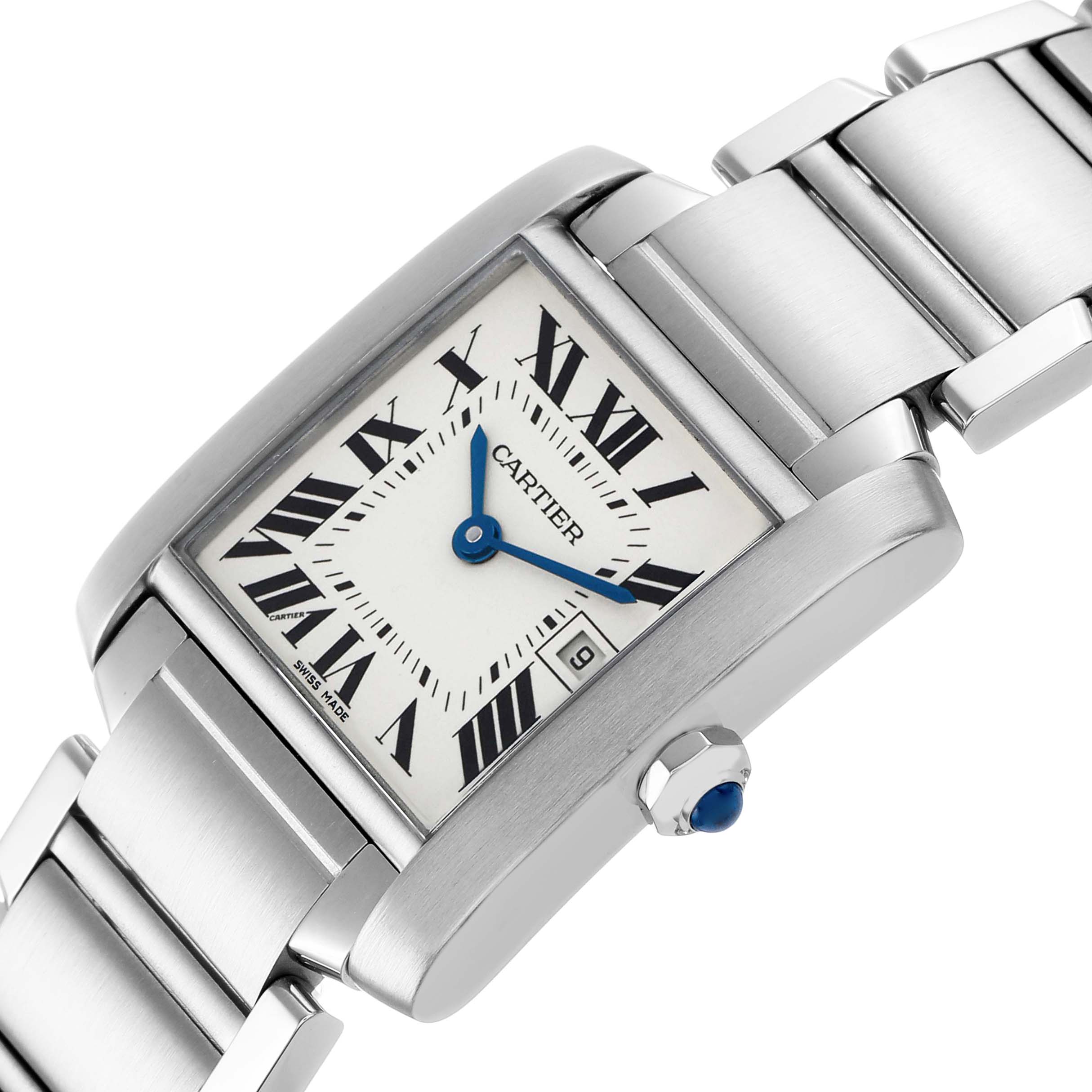 The Cartier Tank Française watch is shown at an angle highlighting its rectangular face, Roman numerals, and steel bracelet.