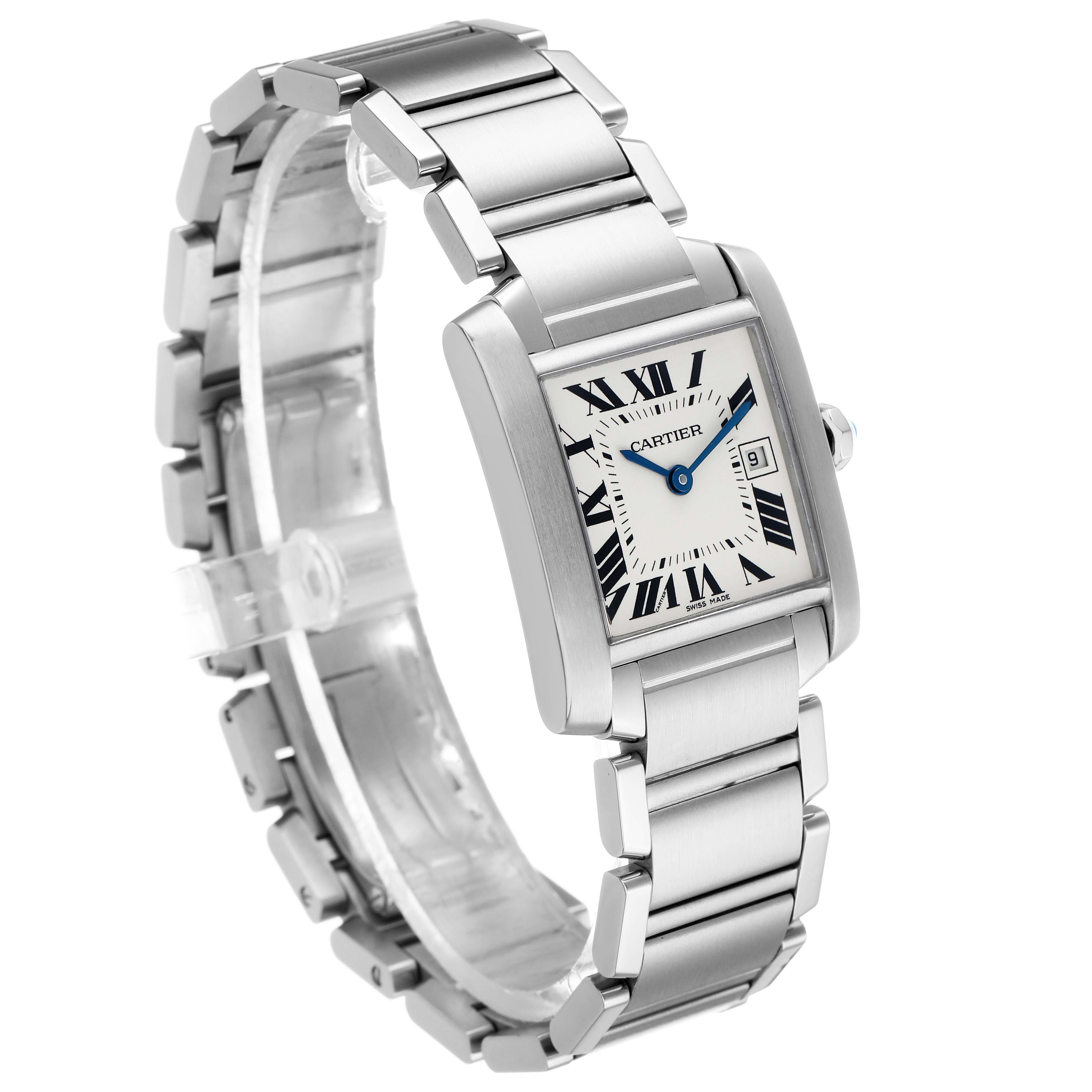 The Cartier Tank Française watch is shown at a three-quarter angle, displaying the dial, bracelet, and crown.