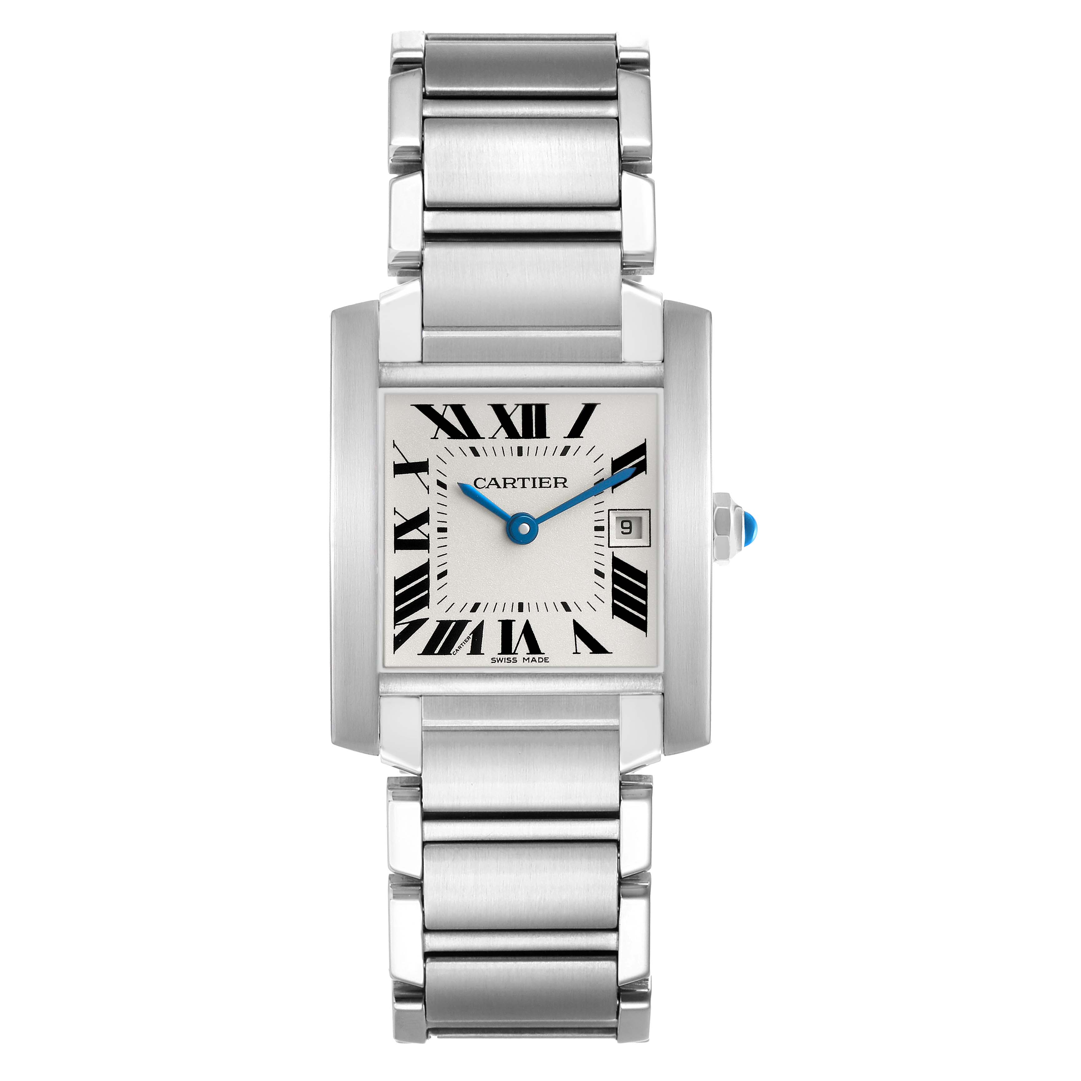The Cartier Tank Francaise W51011Q3 Women's Stainless Steel Silver Dial watch is shown from the front, highlighting its bracelet, case, and dial with Roman numerals and a date window.