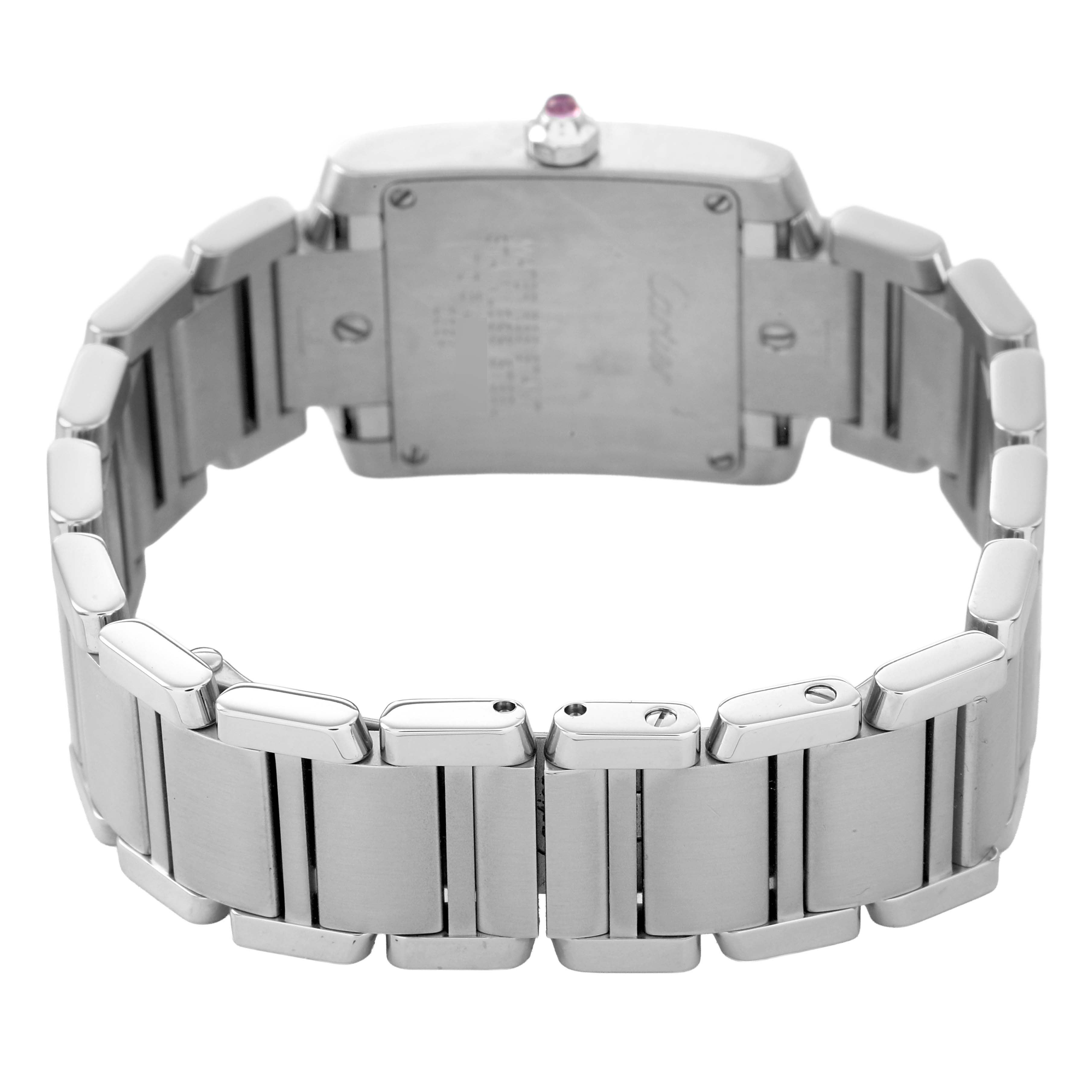 The image shows the back and bracelet of a Cartier Tank Francaise W51031Q3 Women's Stainless Steel Silver Dial watch, highlighting its clasp and links.