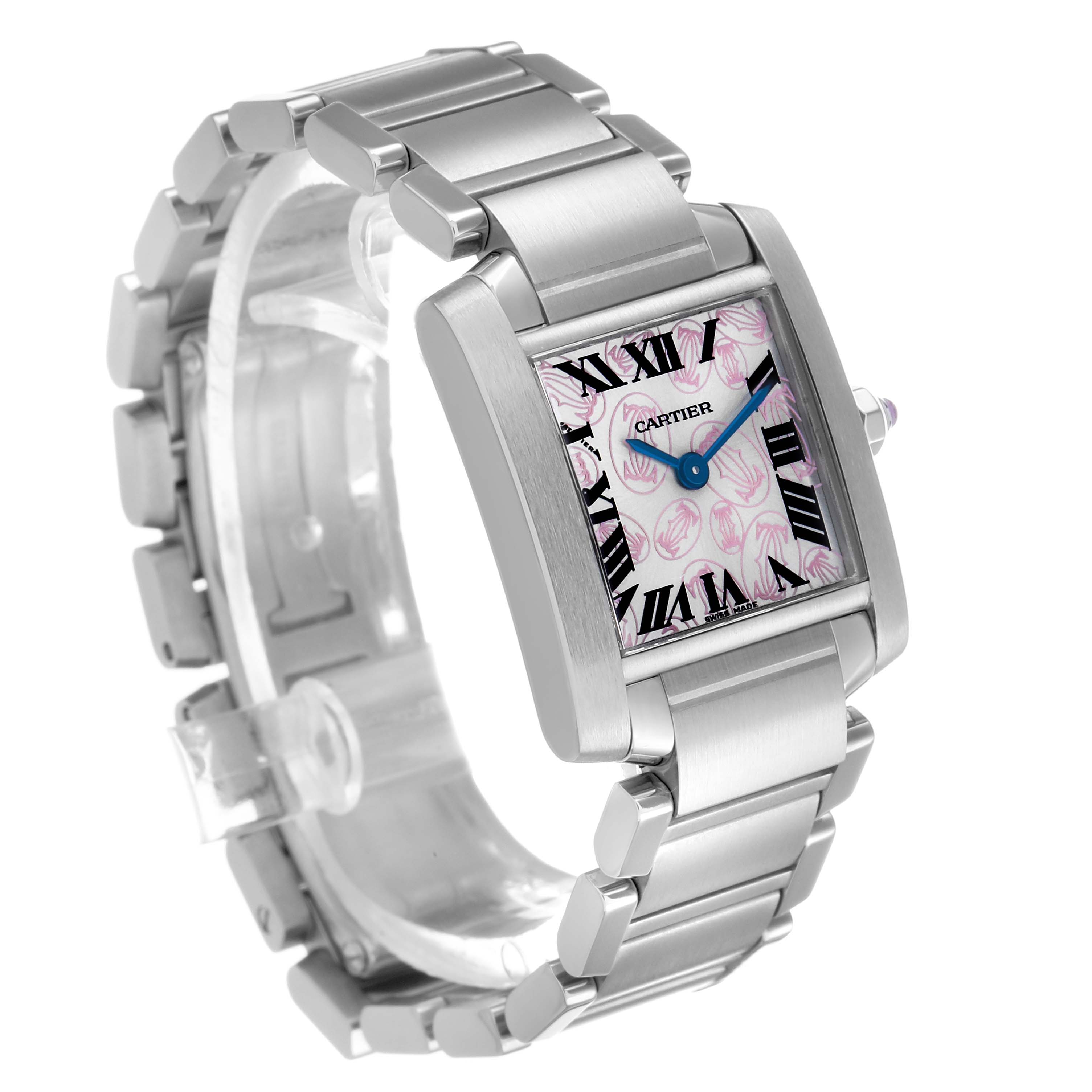 The Cartier Tank Française watch is shown at a three-quarter angle, highlighting its bracelet and rectangular dial with Roman numerals.