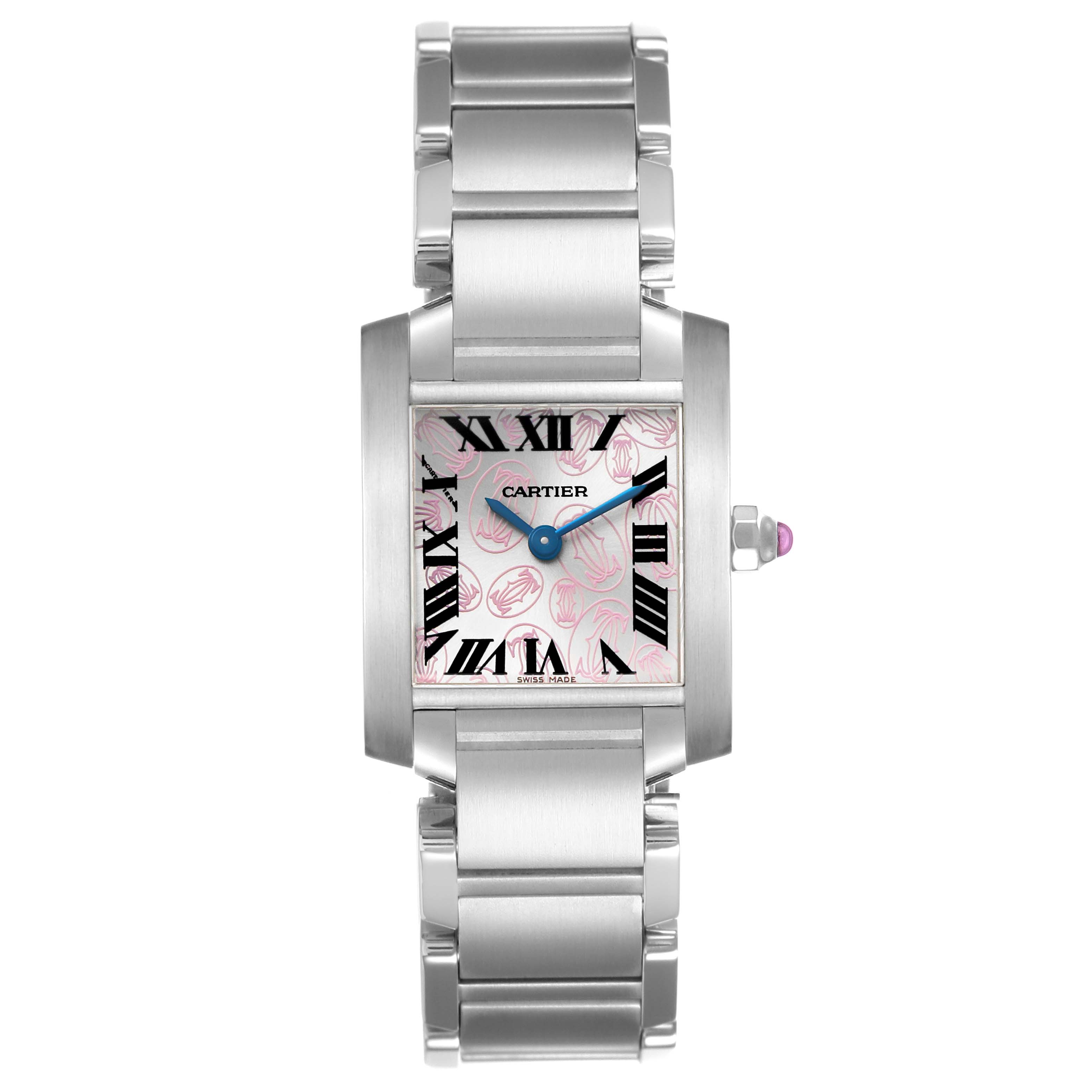 The Cartier Tank Française watch is shown from a front view, highlighting the face, bracelet, and crown.