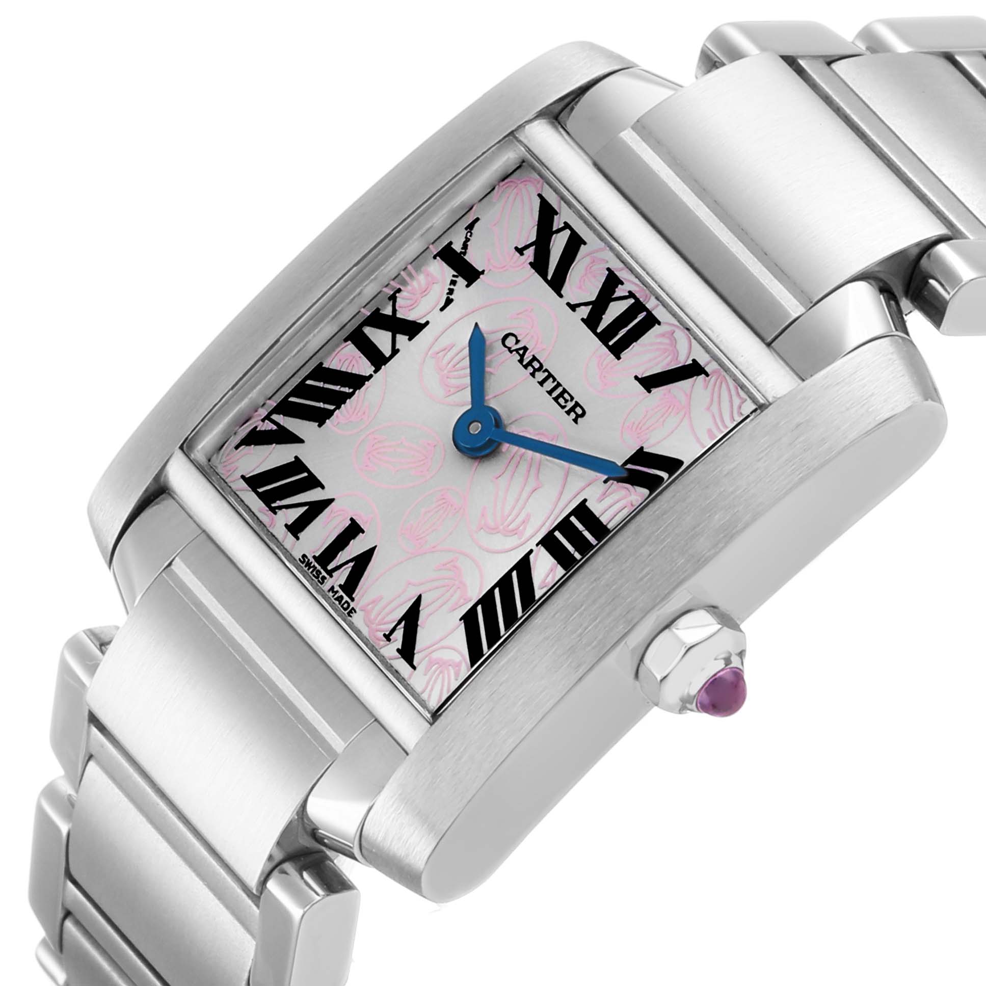 The Cartier Tank Française watch is shown at an angled view, highlighting the pink patterned dial, Roman numerals, and bracelet.