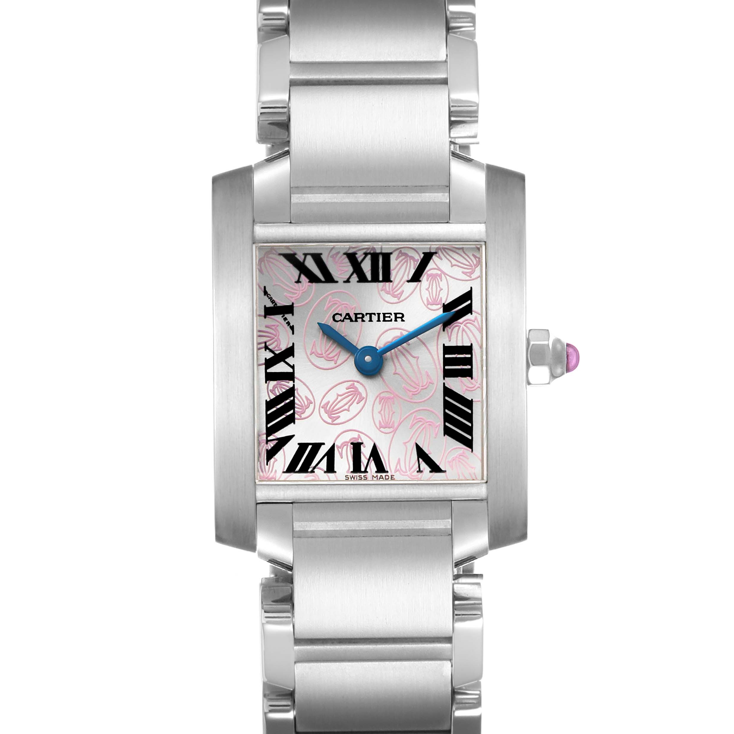 The Cartier Tank Française watch is shown from the front, highlighting its square face, Roman numerals, blue hands, and metal bracelet.