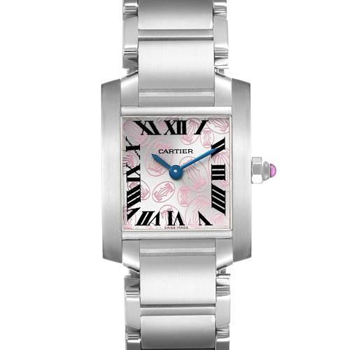 The Cartier Tank Française watch is shown from a front angle, highlighting its square face, Roman numerals, and metal bracelet.