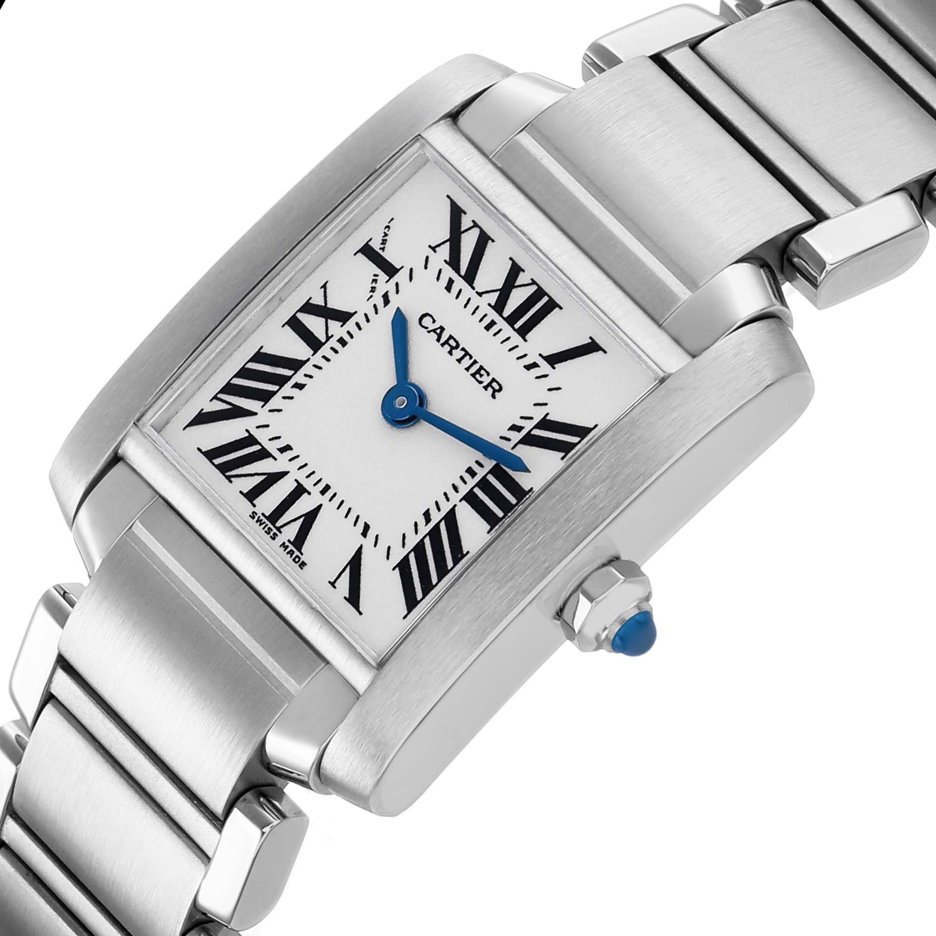 The Cartier Tank Francaise W51008Q3 Men's Stainless Steel Silver Dial is shown at an angled close-up, highlighting the dial, bracelet, and crown.