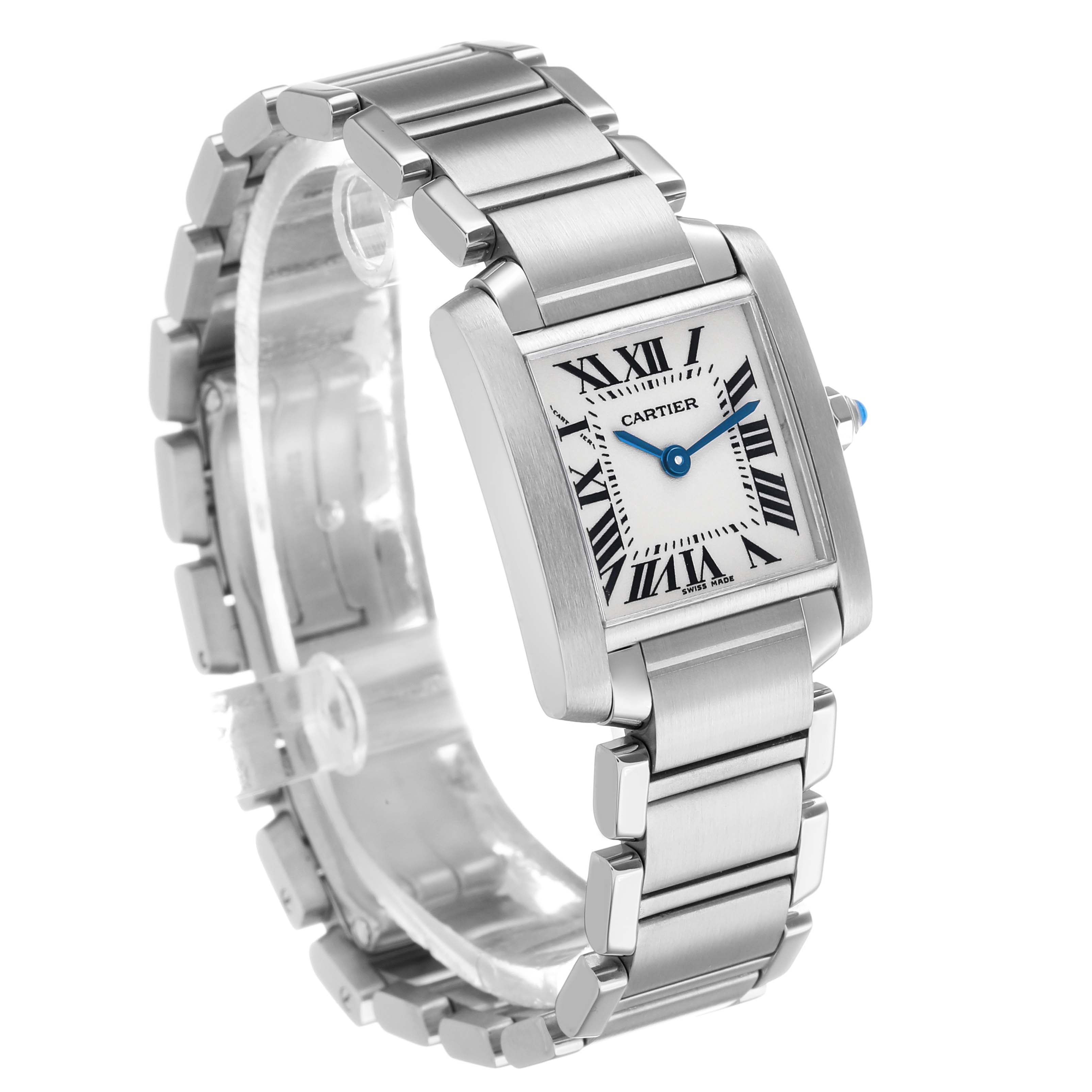 The Cartier Tank Française watch is shown at an angle highlighting its rectangular face and stainless steel bracelet.