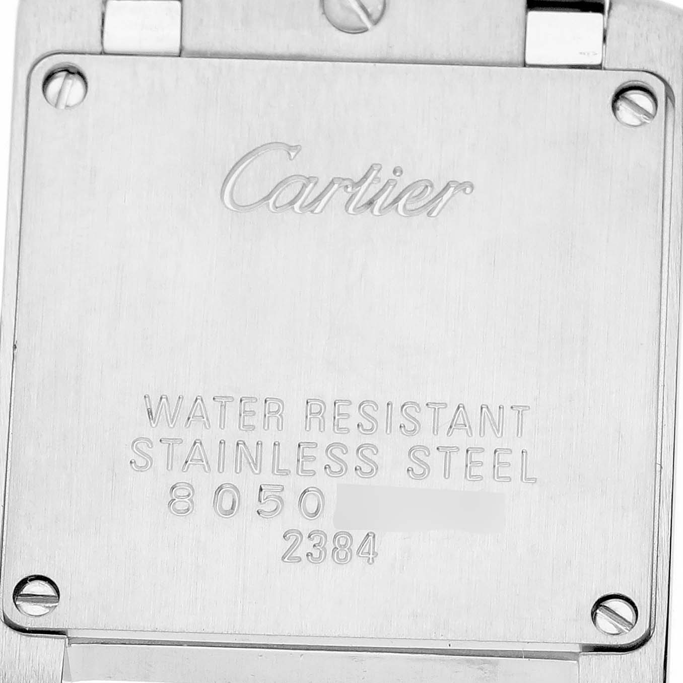 The image shows the back case of a Cartier Tank Francaise W51008Q3 Men's Stainless Steel Silver Dial watch, highlighting its branding and water-resistant details.