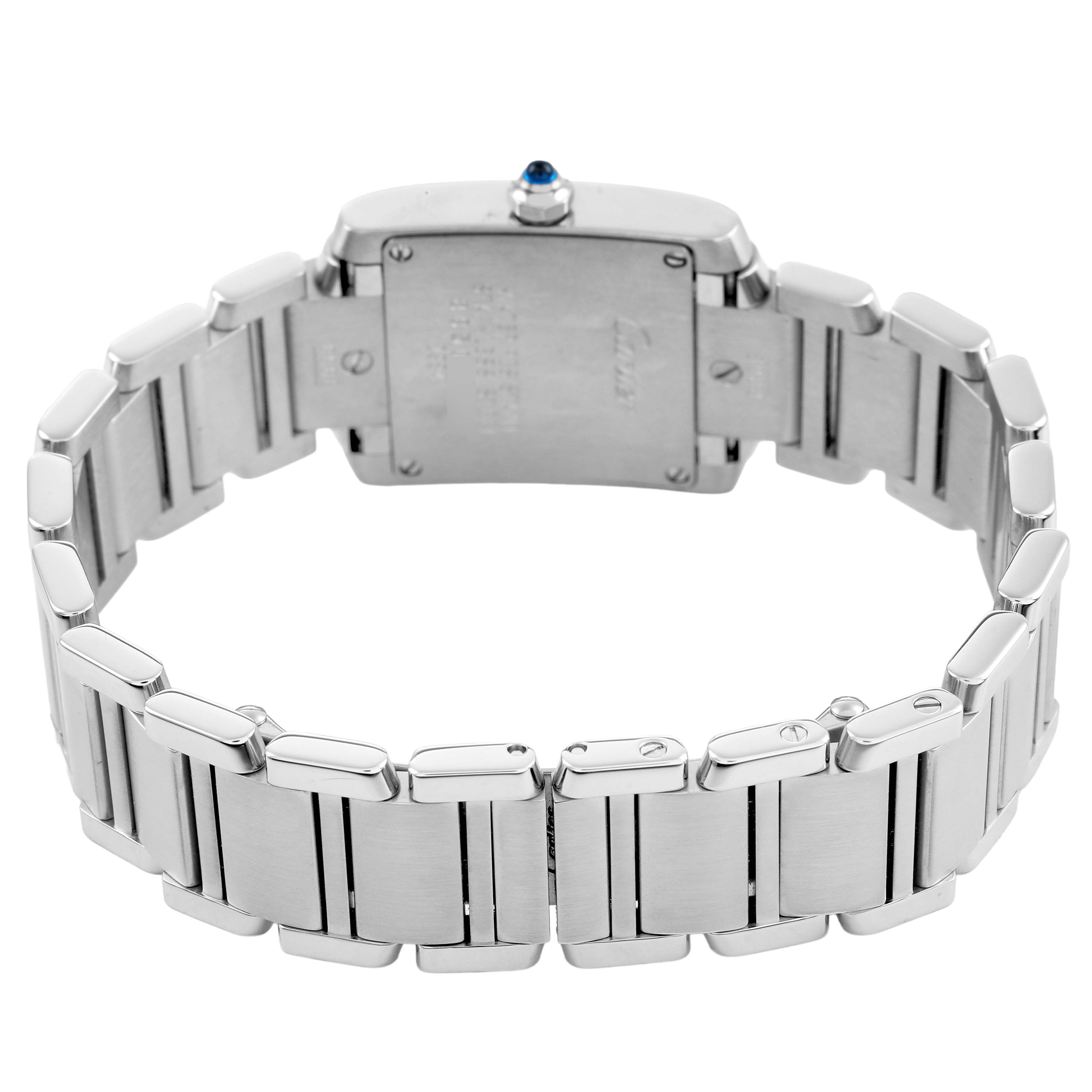 The image displays the back view of a Cartier Tank Francaise W51008Q3 Men's Stainless Steel Silver Dial watch, showcasing the bracelet and caseback.