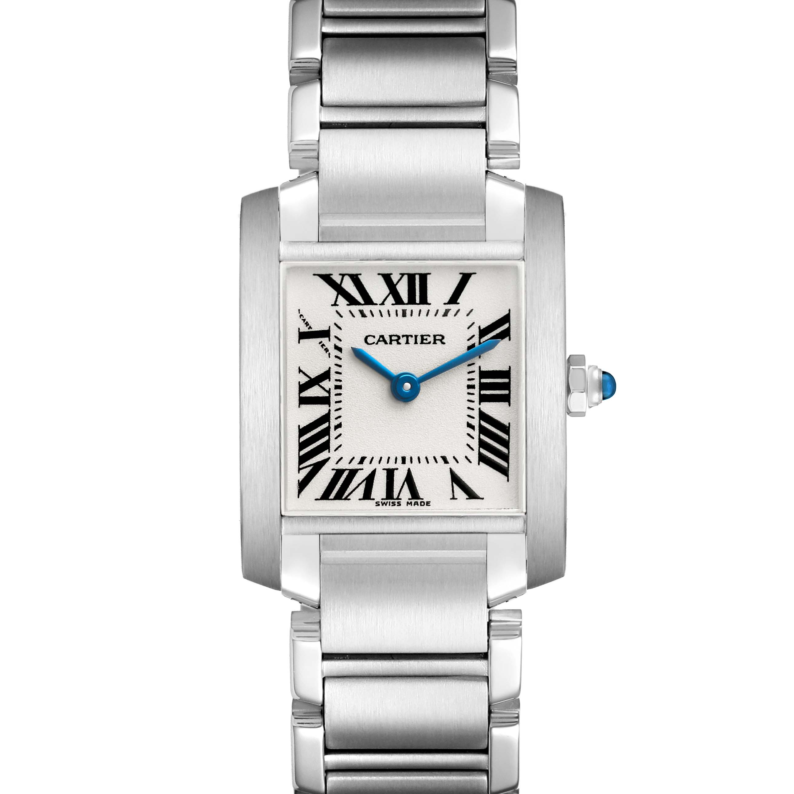 The Cartier Tank Française watch is shown from a frontal angle, displaying the face, bracelet, and crown.