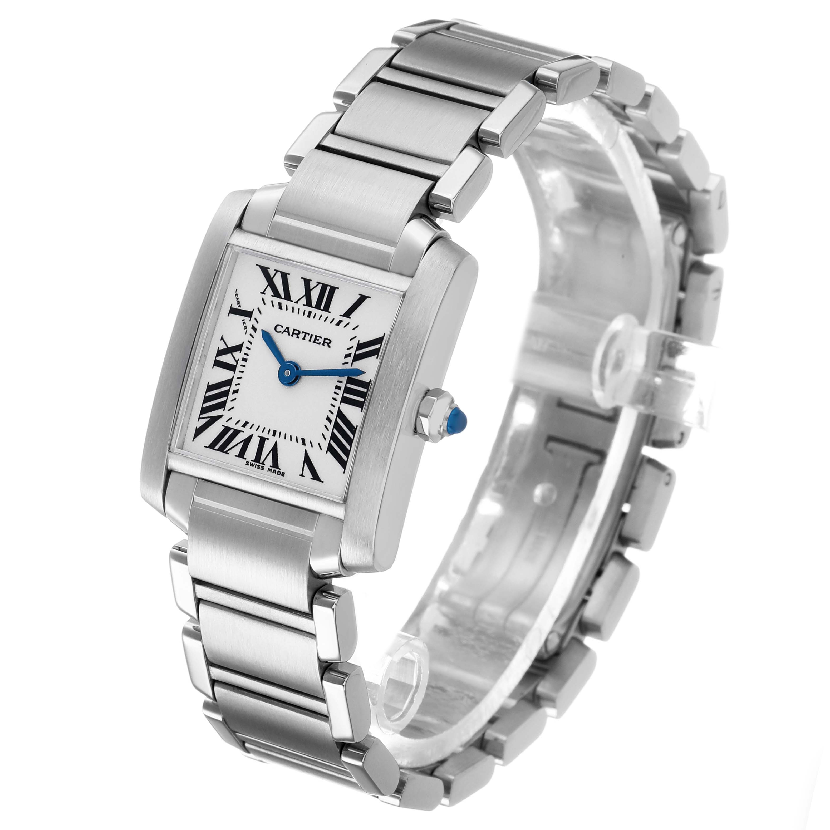 The Cartier Tank Française watch is shown at a three-quarter angle, highlighting its bracelet and rectangular face.