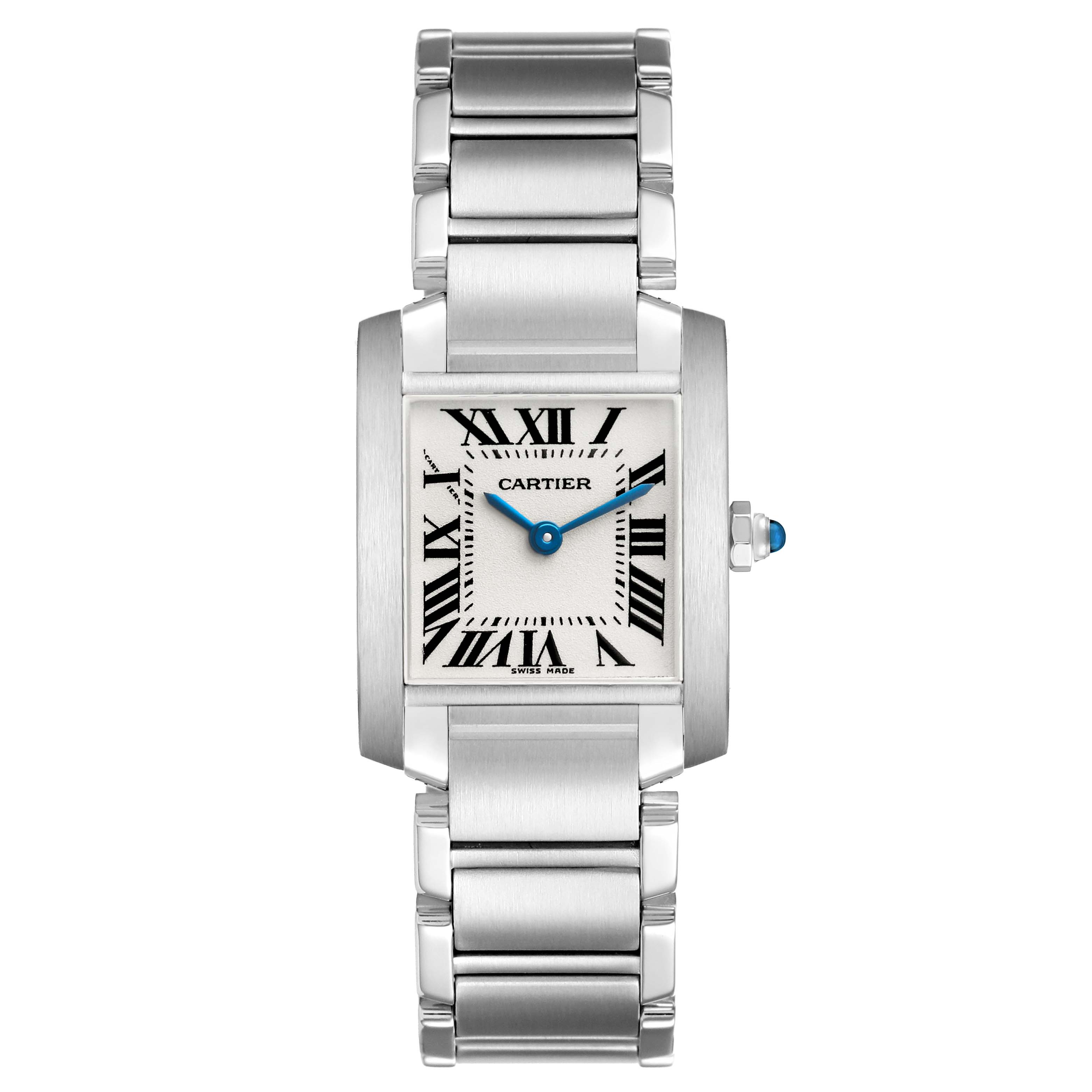The Cartier Tank Française watch is shown from the front, highlighting its case, dial, and stainless steel bracelet.