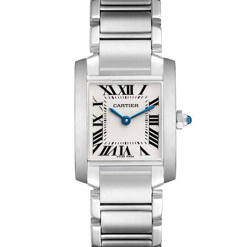 The Cartier Tank Française watch is shown from the front, displaying the dial, Roman numerals, blue hands, and metal bracelet.