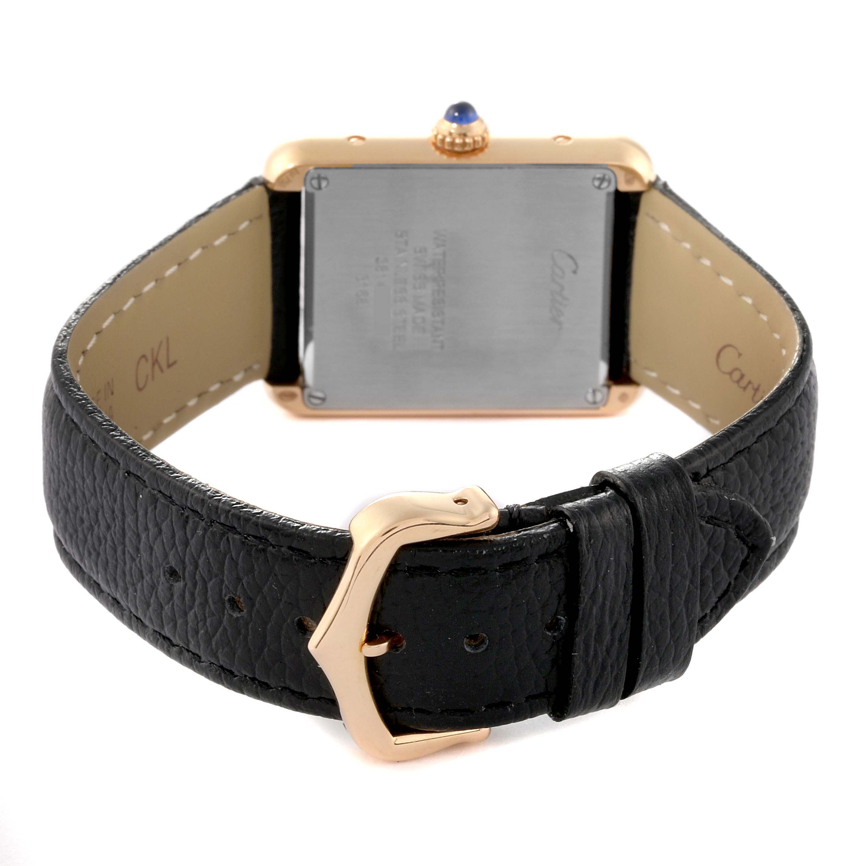 The image shows the back of a Cartier Tank Solo W5200024 Women's Rose Gold Silver Dial W5200024 Women's Rose Gold Silver Dial watch, focusing on the case back, strap, and buckle.