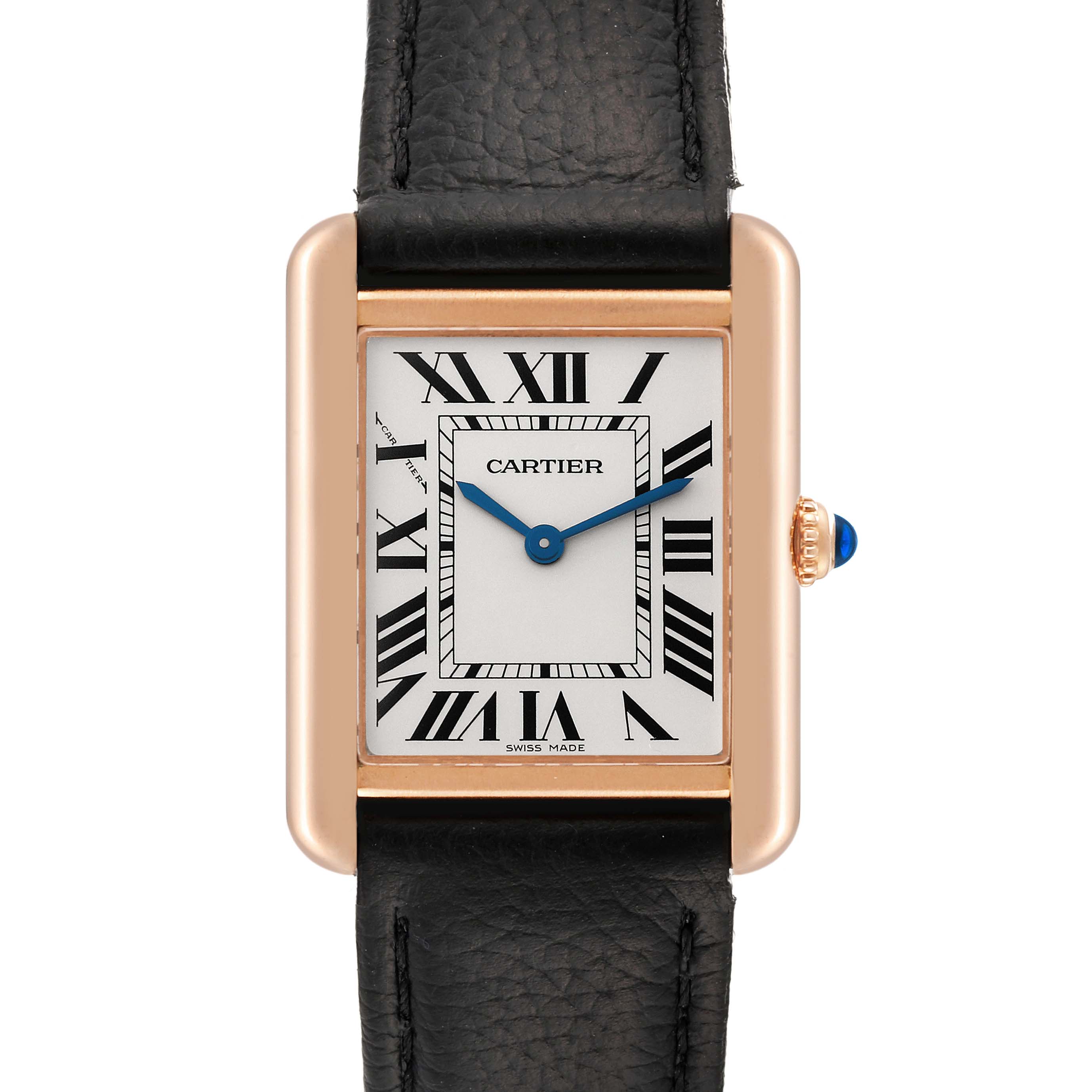 The image shows a frontal view of the Cartier Tank Solo W5200024 Women's Rose Gold Silver Dial W5200024 Women's Rose Gold Silver Dial watch displaying its face, Roman numerals, and a black leather strap.