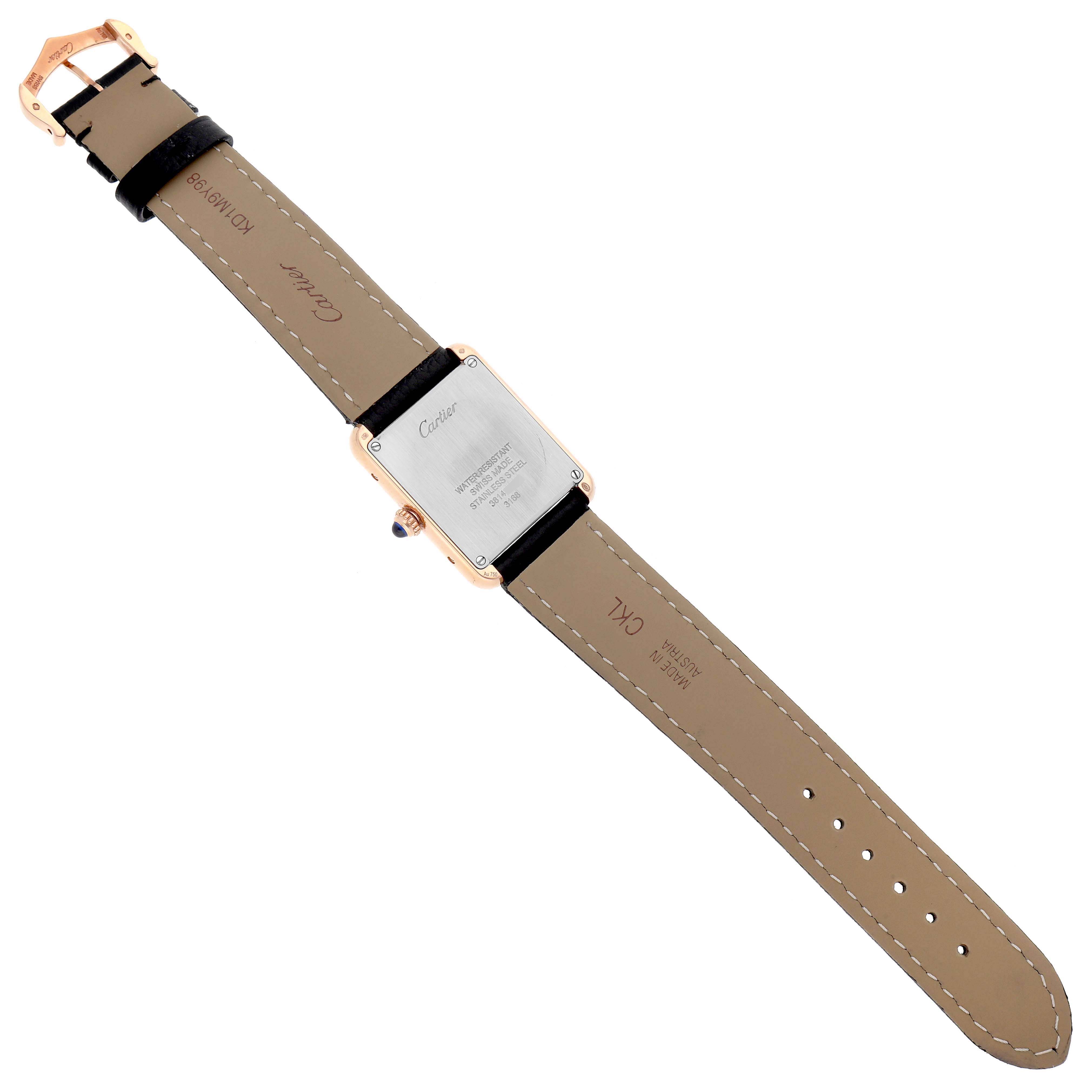 This image shows the back view of a Cartier Tank Solo W5200024 Women's Rose Gold Silver Dial W5200024 Women's Rose Gold Silver Dial watch, including the case back and leather strap.