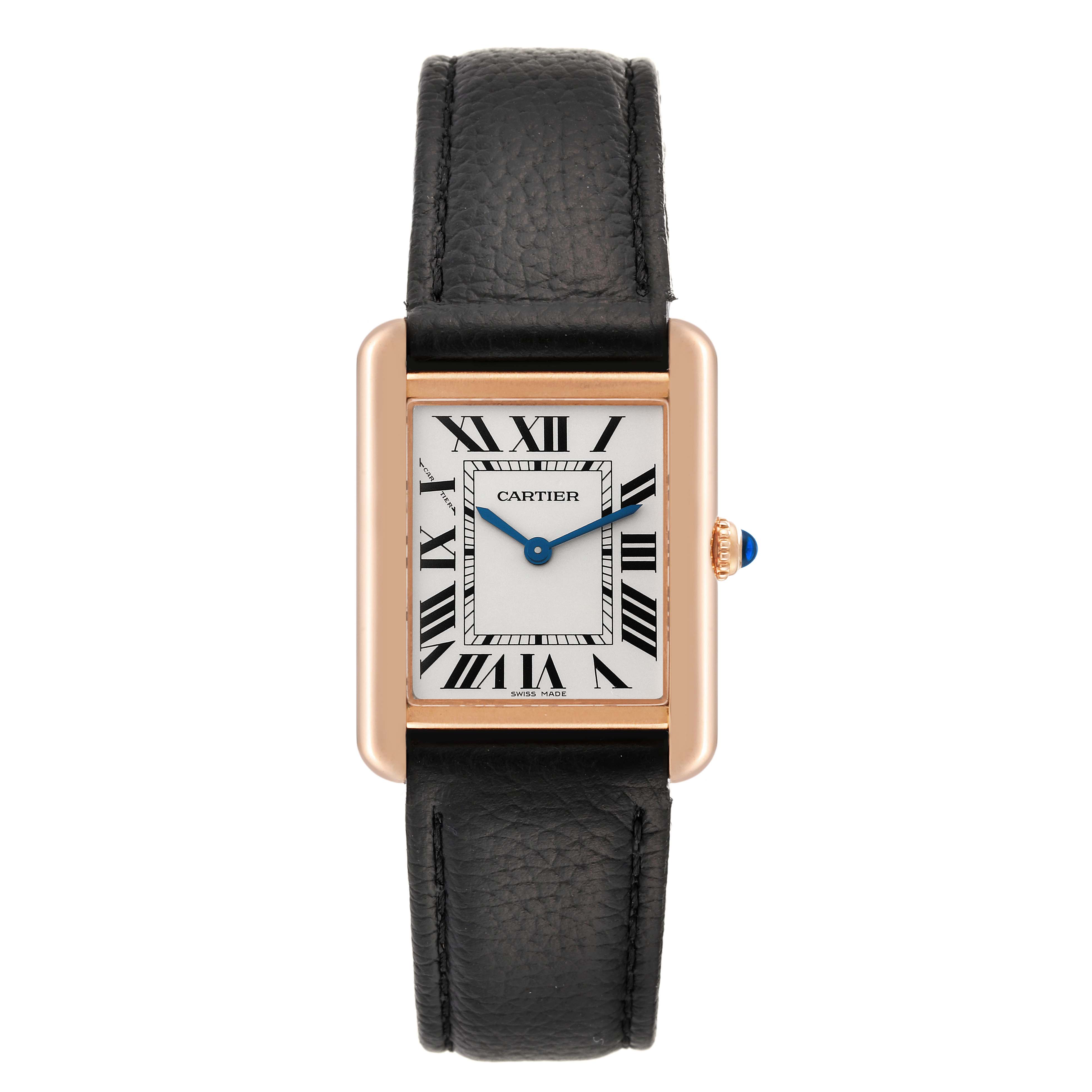 The image shows a Cartier Tank Solo W5200024 Women's Rose Gold Silver Dial W5200024 Women's Rose Gold Silver Dial watch, featuring a rectangular face with Roman numerals and a black leather strap.