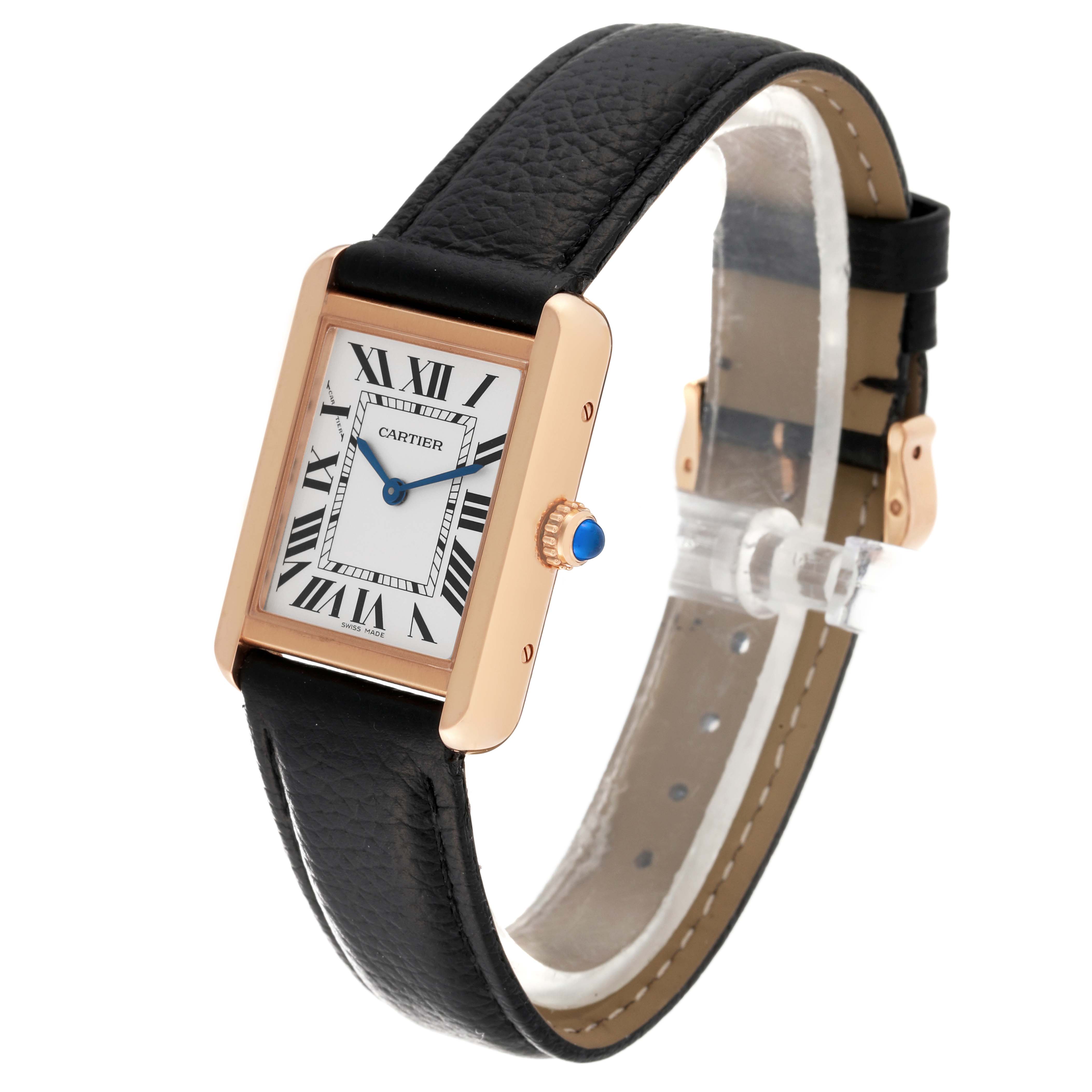 The Cartier Tank Solo W5200024 Women's Rose Gold Silver Dial W5200024 Women's Rose Gold Silver Dial watch is shown at a three-quarter angle, highlighting its rectangular face, black leather strap, and side crown.