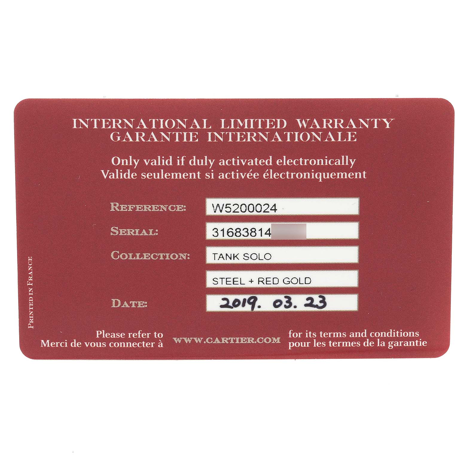 This image shows the warranty card for the Cartier Tank Solo W5200024 Women's Rose Gold Silver Dial W5200024 Women's Rose Gold Silver Dial Watch, including reference number, serial number, collection, material, and date.
