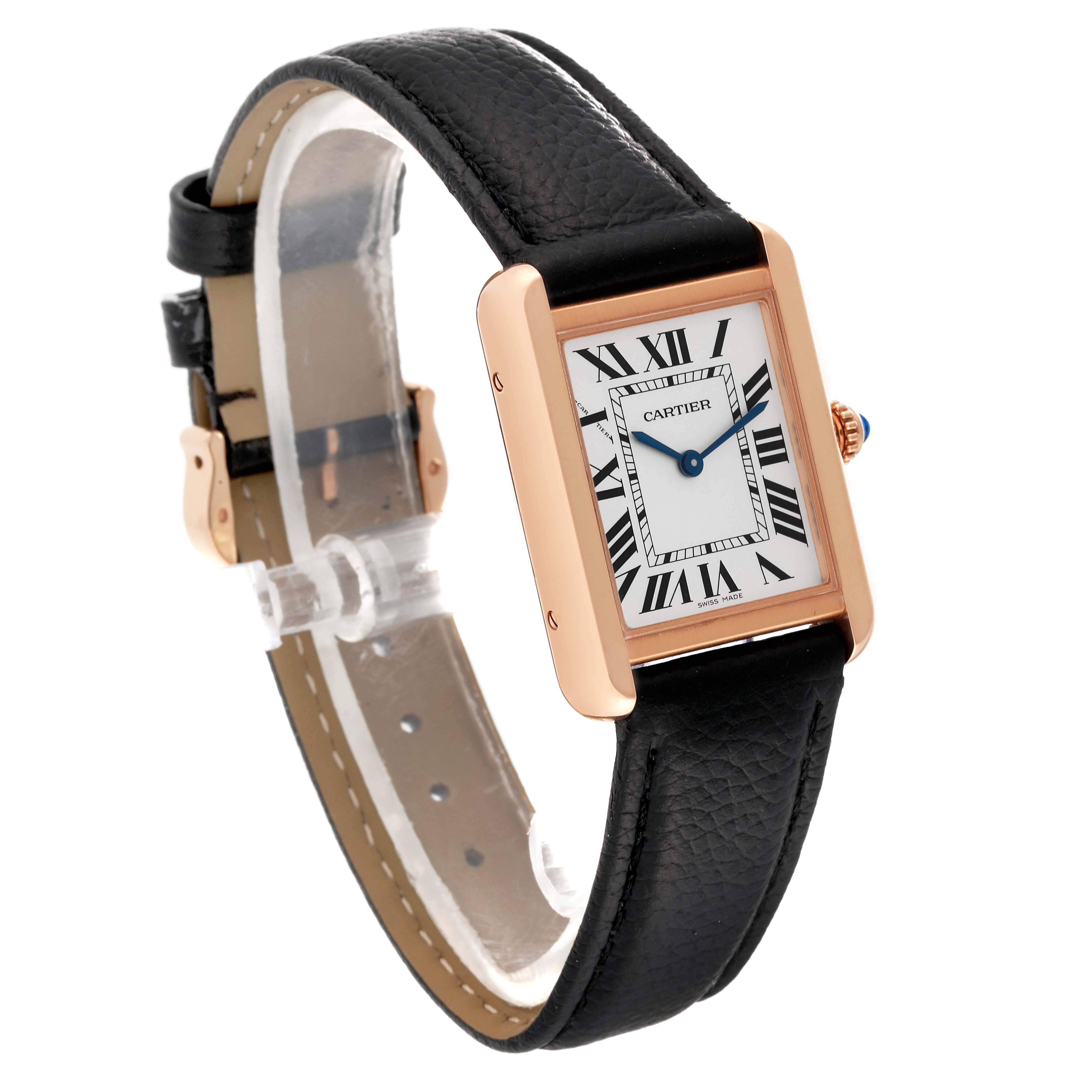 The image shows a Cartier Tank Solo W5200024 Women's Rose Gold Silver Dial W5200024 Women's Rose Gold Silver Dial watch, angled to display the face, case, crown, and leather strap.