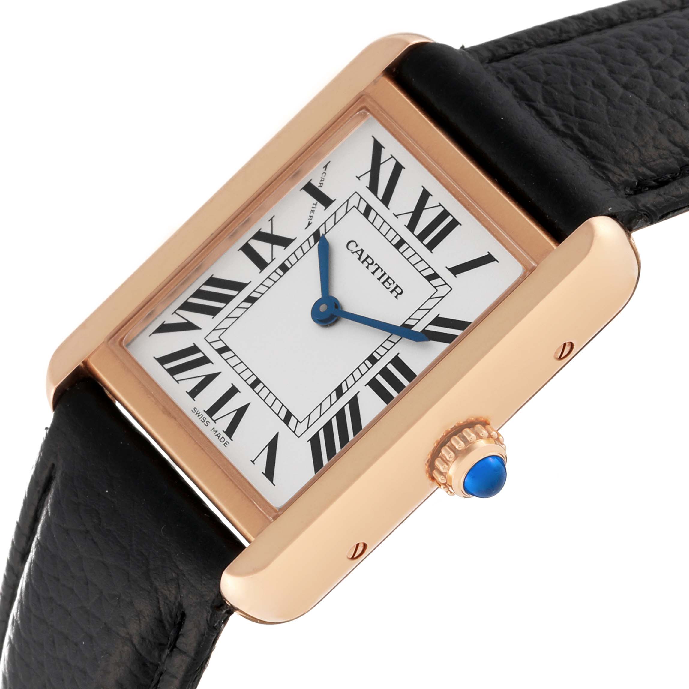 The image shows a Cartier Tank Solo W5200024 Women's Rose Gold Silver Dial W5200024 Women's Rose Gold Silver Dial watch at an angled view, highlighting the face, crown, and part of the strap.