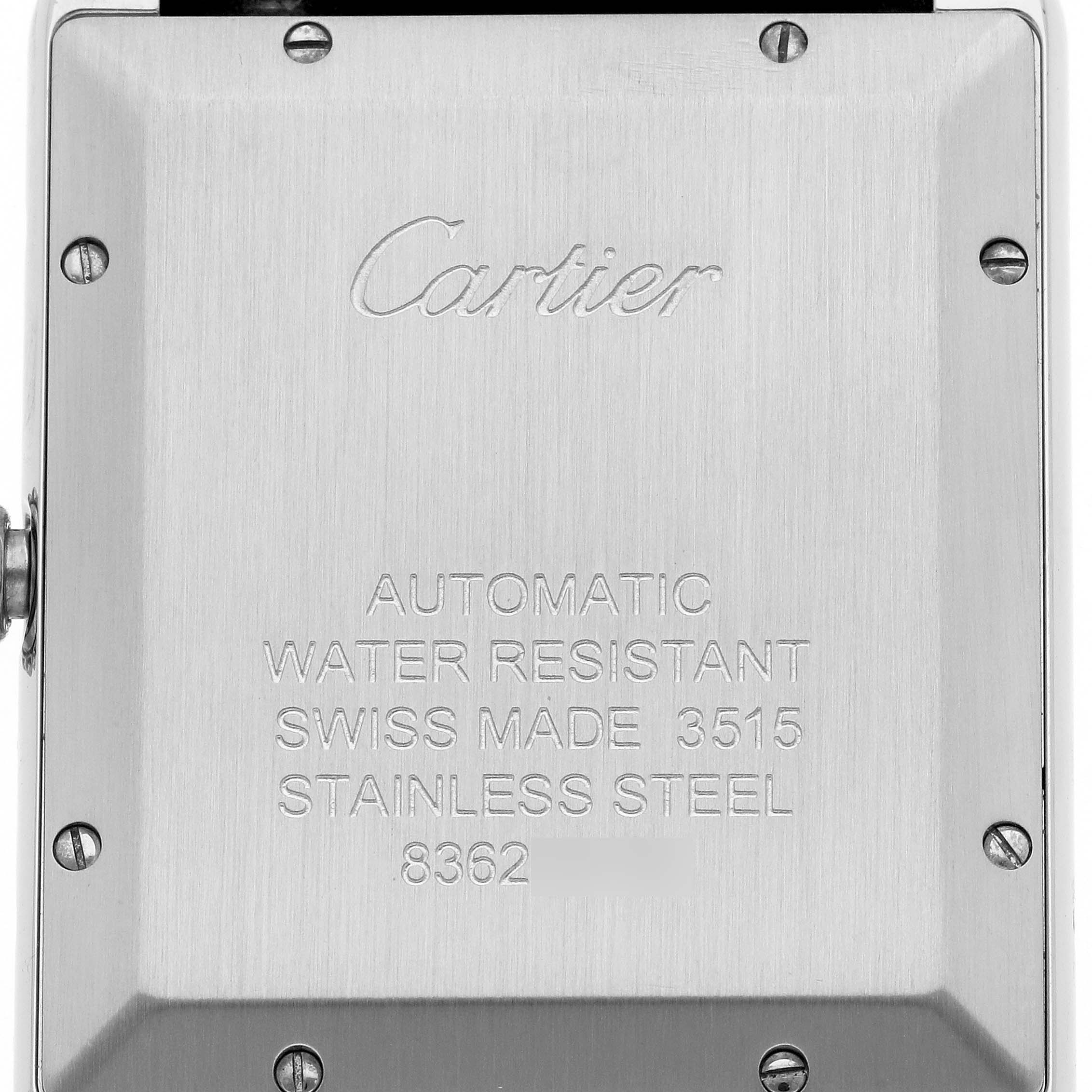 This image shows the case back of the Cartier Tank Solo W5200027 Men's Stainless Steel Silver Dial W5200027 Men's Stainless Steel Silver Dial watch, highlighting the engravings and screws.