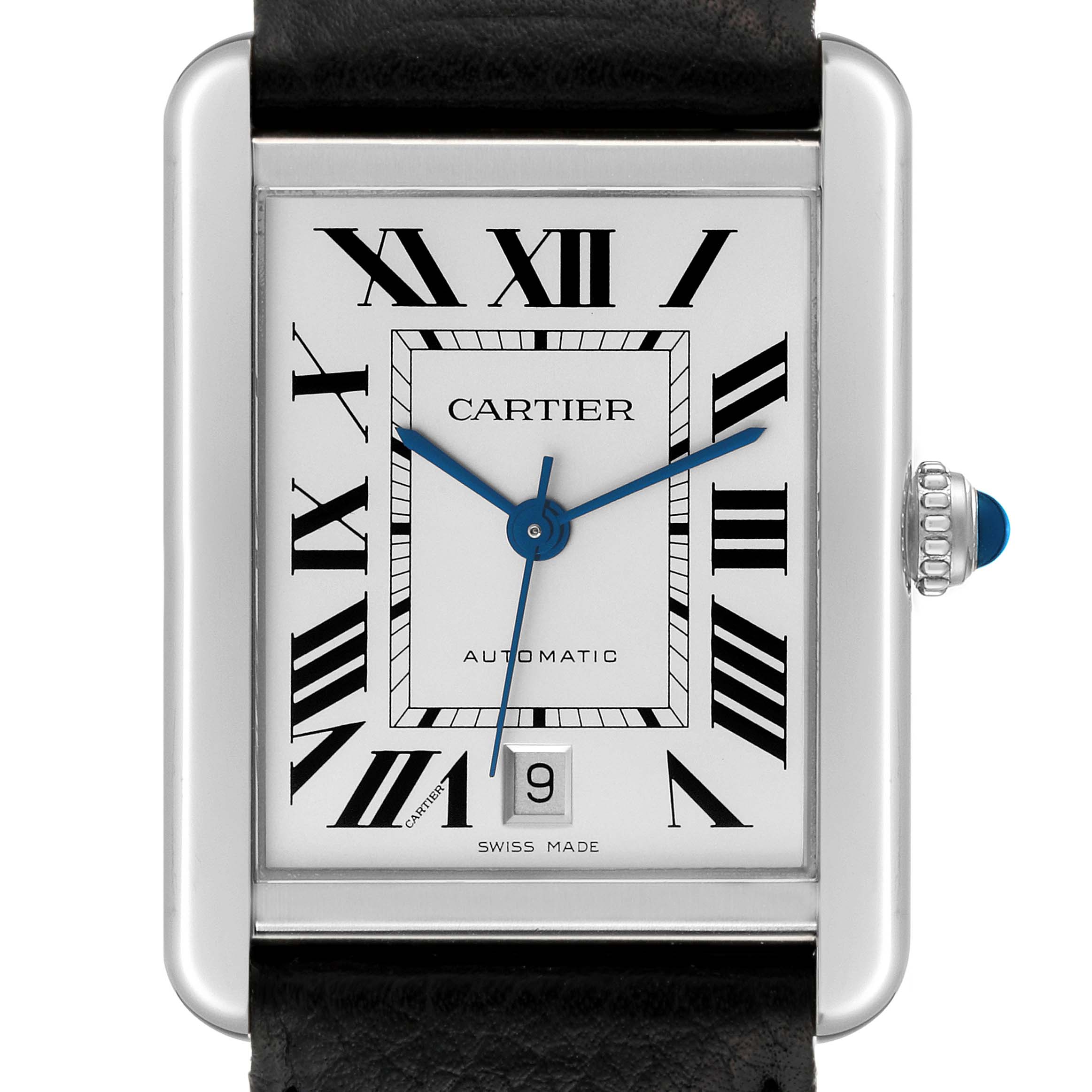 The image shows a close-up view of the Cartier Tank Solo W5200027 Men's Stainless Steel Silver Dial W5200027 Men's Stainless Steel Silver Dial watch, focusing on the face, hands, crown, and part of the strap.