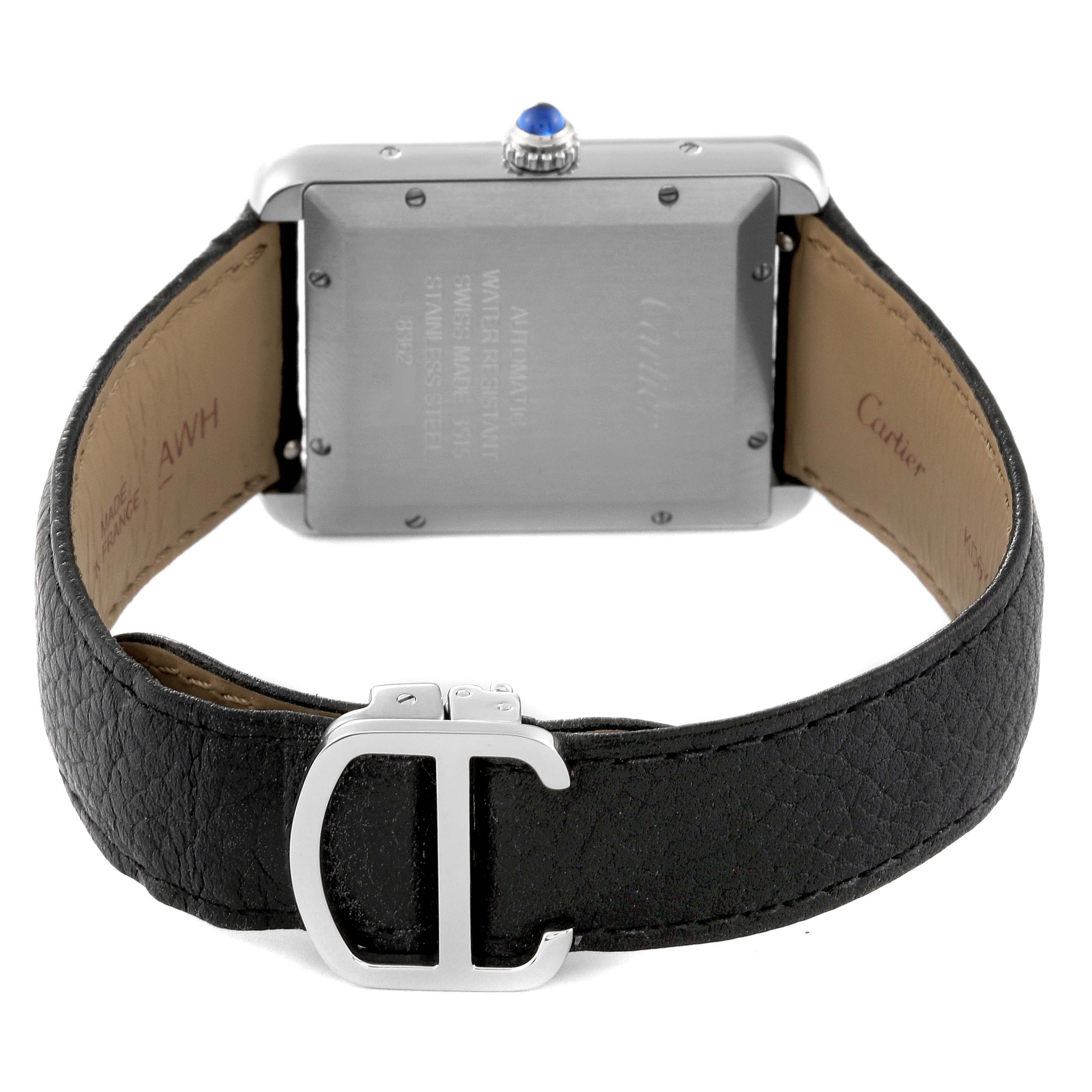 This image shows the back view of the Cartier Tank Solo W5200027 Men's Stainless Steel Silver Dial W5200027 Men's Stainless Steel Silver Dial watch, highlighting its case back, strap, and buckle.