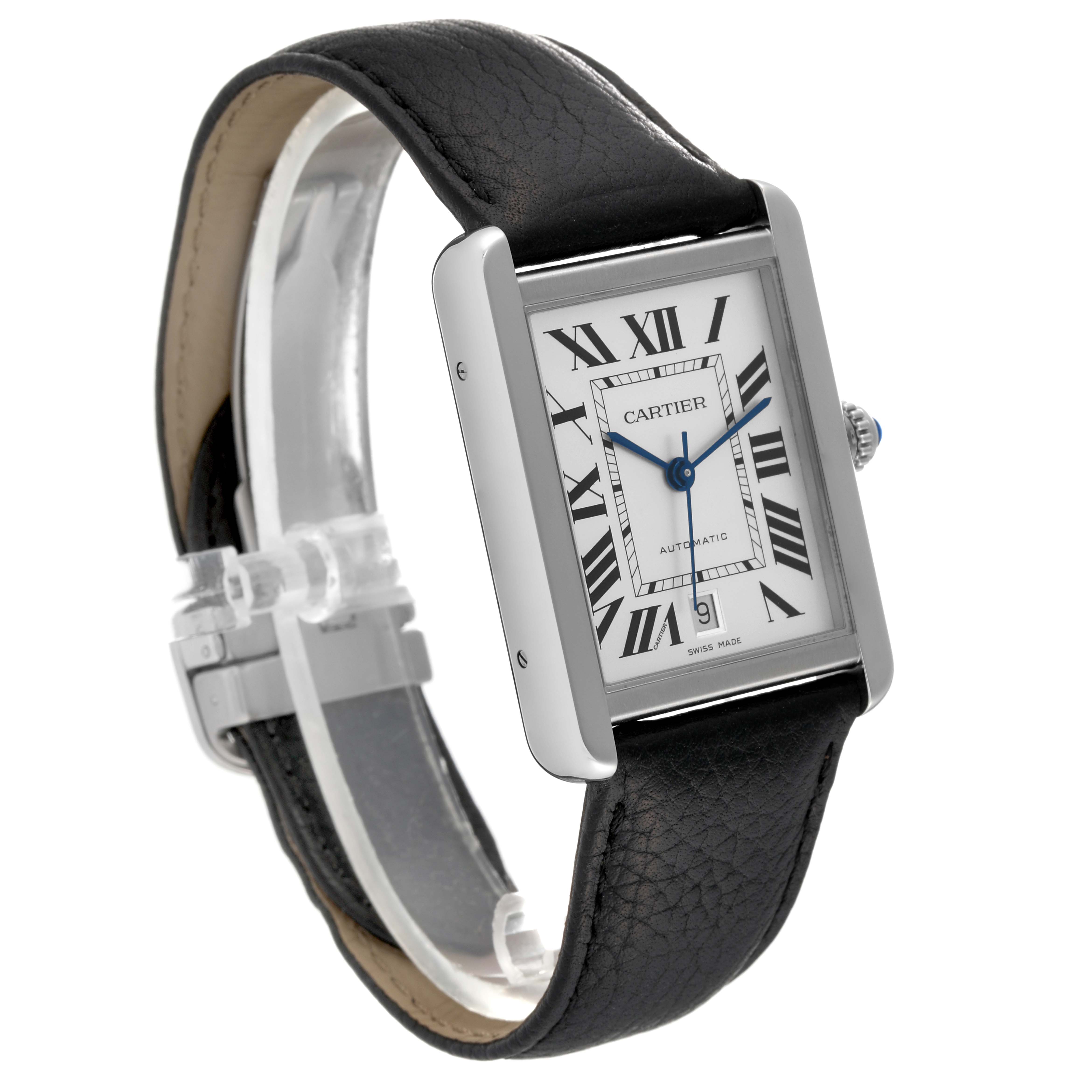 The image shows a Cartier Tank Solo W5200027 Men's Stainless Steel Silver Dial W5200027 Men's Stainless Steel Silver Dial watch angled to display the face, case, and leather strap.