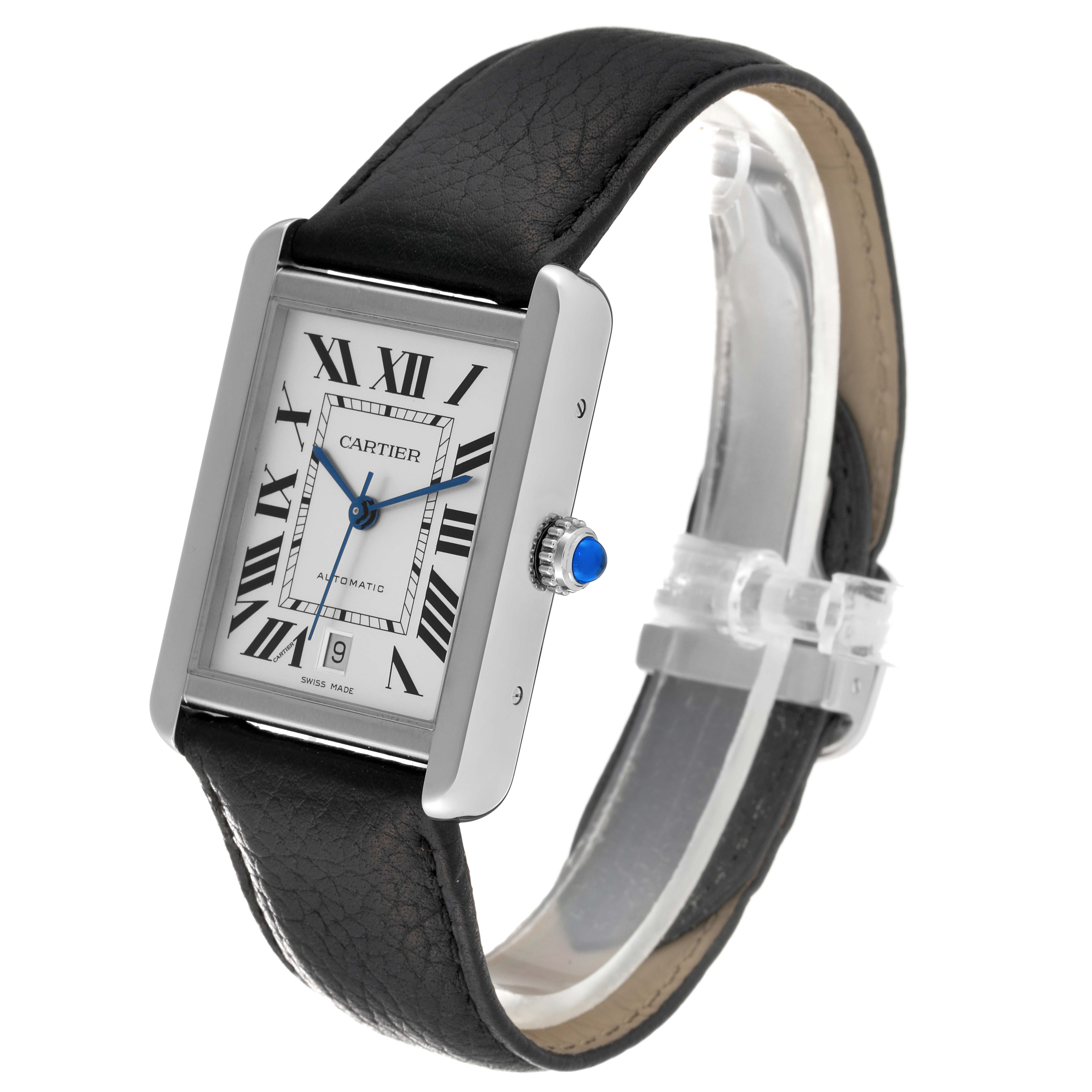 The Cartier Tank Solo W5200027 Men's Stainless Steel Silver Dial W5200027 Men's Stainless Steel Silver Dial watch is shown at a three-quarter angle, highlighting its rectangular face, leather strap, and crown.
