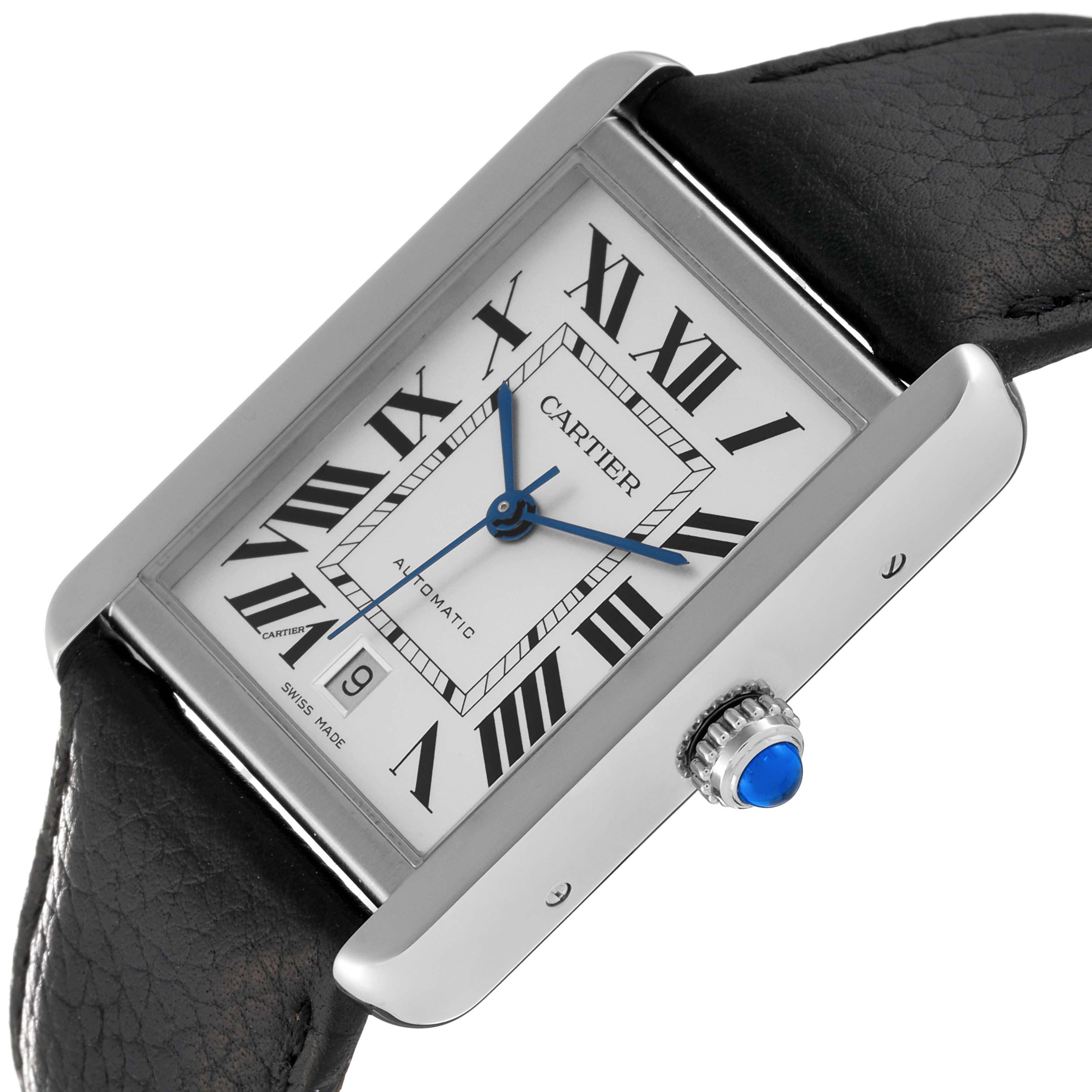 The image shows a Cartier Tank Solo W5200027 Men's Stainless Steel Silver Dial W5200027 Men's Stainless Steel Silver Dial watch at an angle, highlighting its face, bezel, crown, and black leather strap.
