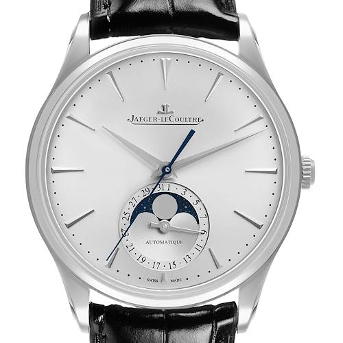 The Jaeger-LeCoultre Master watch is shown from the front, displaying the dial, moon phase, and date features.