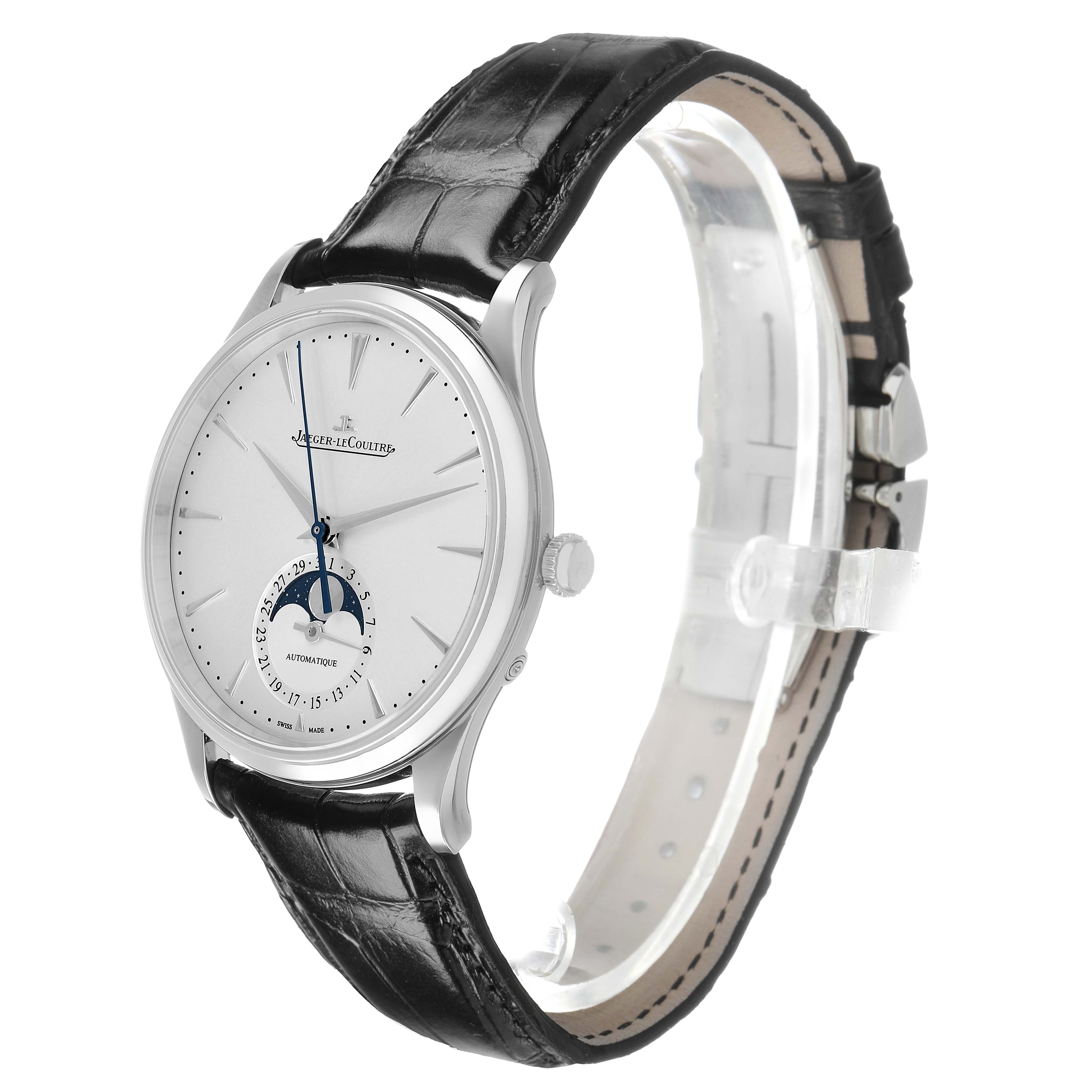 The Jaeger LeCoultre Master Q1368430 Men's Stainless Steel Silver Dial watch is shown at a three-quarter angle, highlighting the face, moon phase, and leather strap.