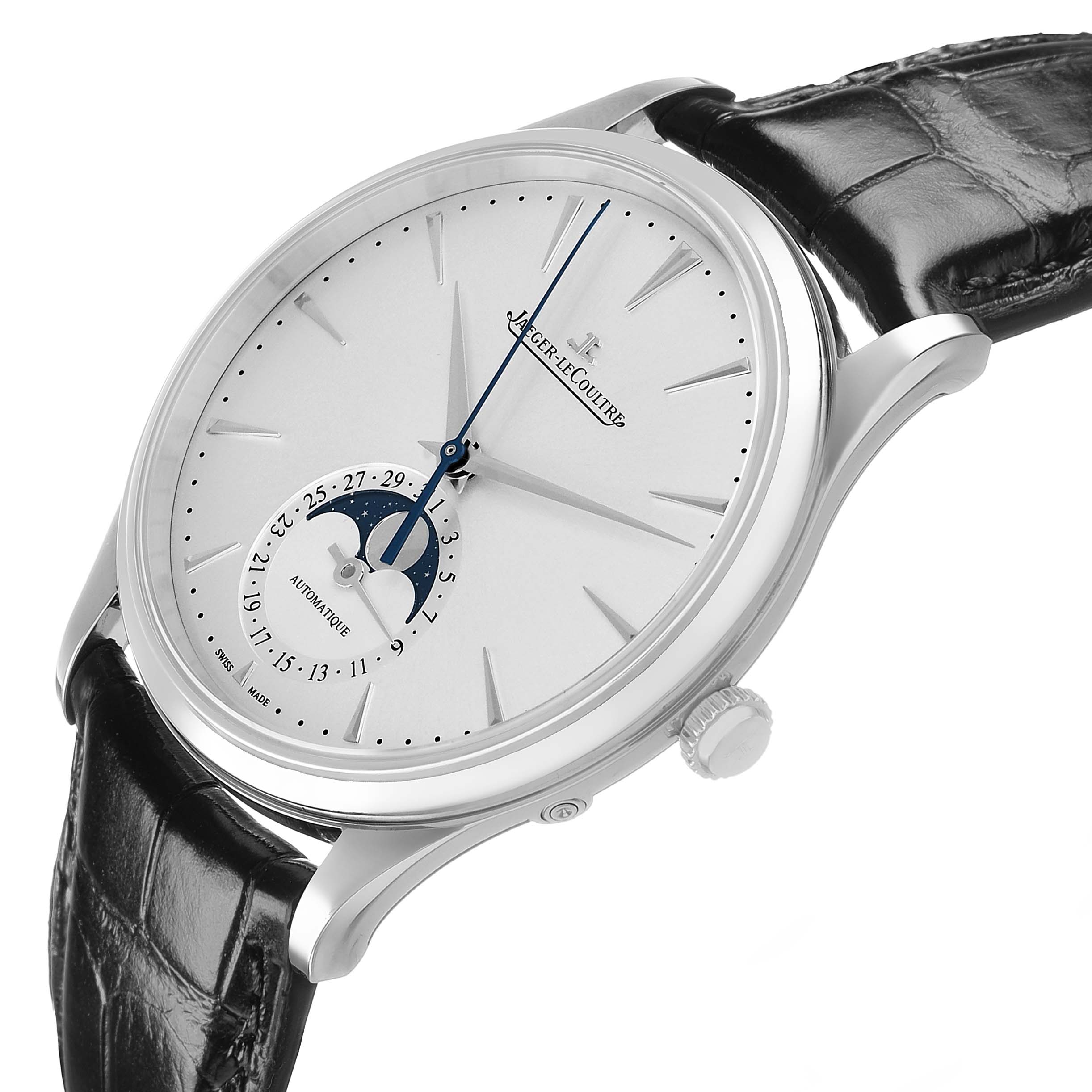 The Jaeger LeCoultre Master Q1368430 Men's Stainless Steel Silver Dial watch is shown at a slight side angle, displaying the dial, crown, and leather strap.