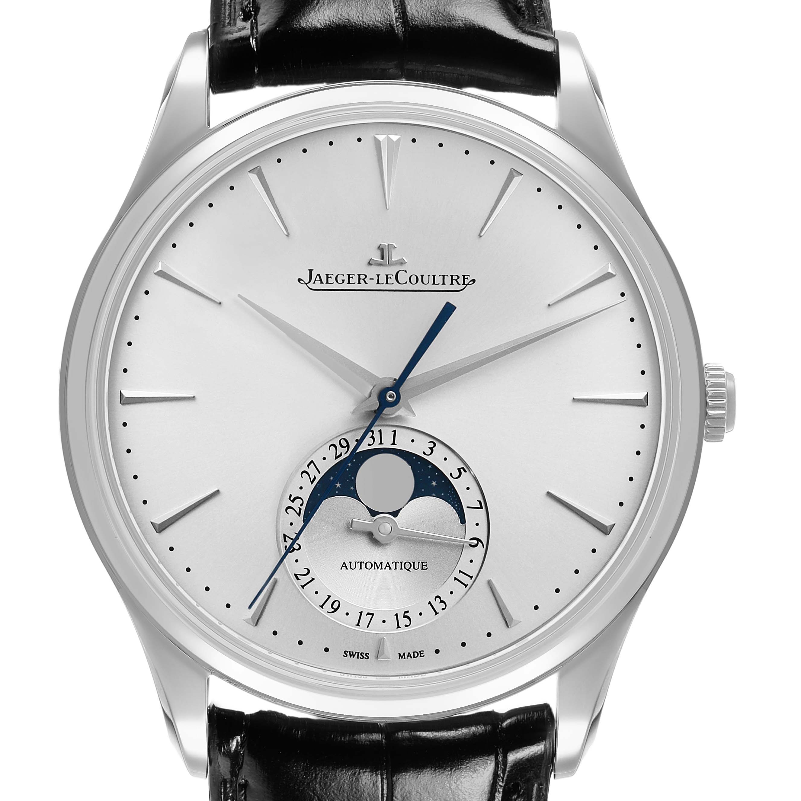 The image shows a front view of the Jaeger-LeCoultre Master watch, featuring a moon phase and date display.