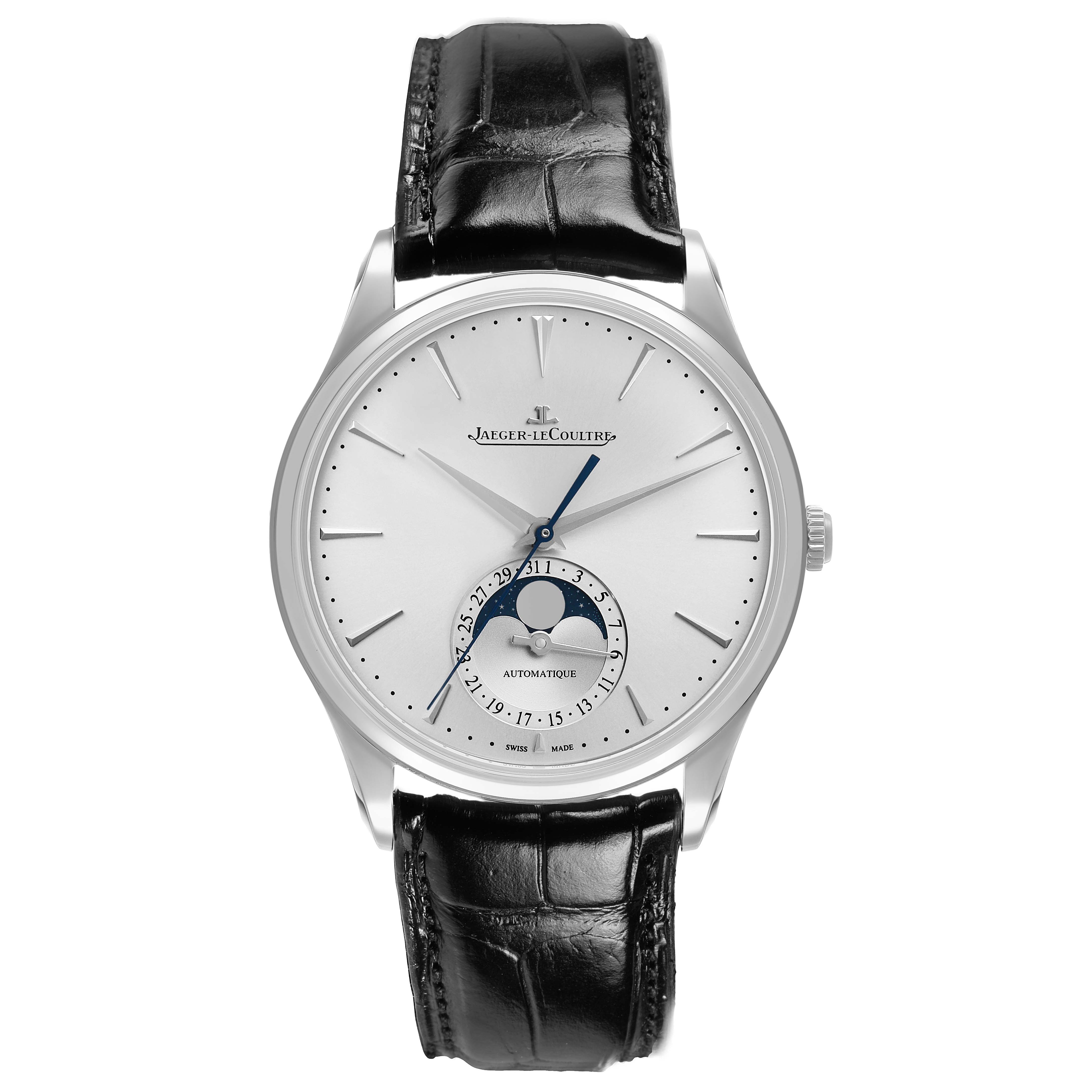 The Jaeger LeCoultre Master Q1368430 Men's Stainless Steel Silver Dial model watch is shown from the front, highlighting the dial and leather strap.