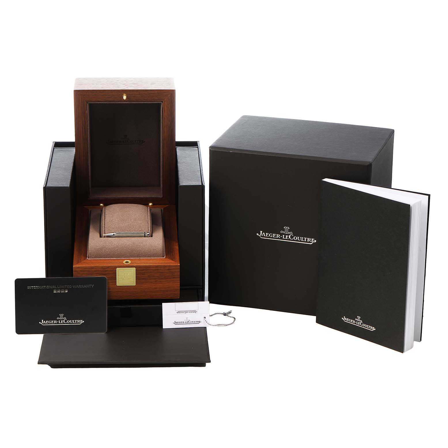 The image shows a Jaeger LeCoultre Master Q1368430 Men's Stainless Steel Silver Dial watch box at an angle, revealing the interior, warranty card, and booklet.
