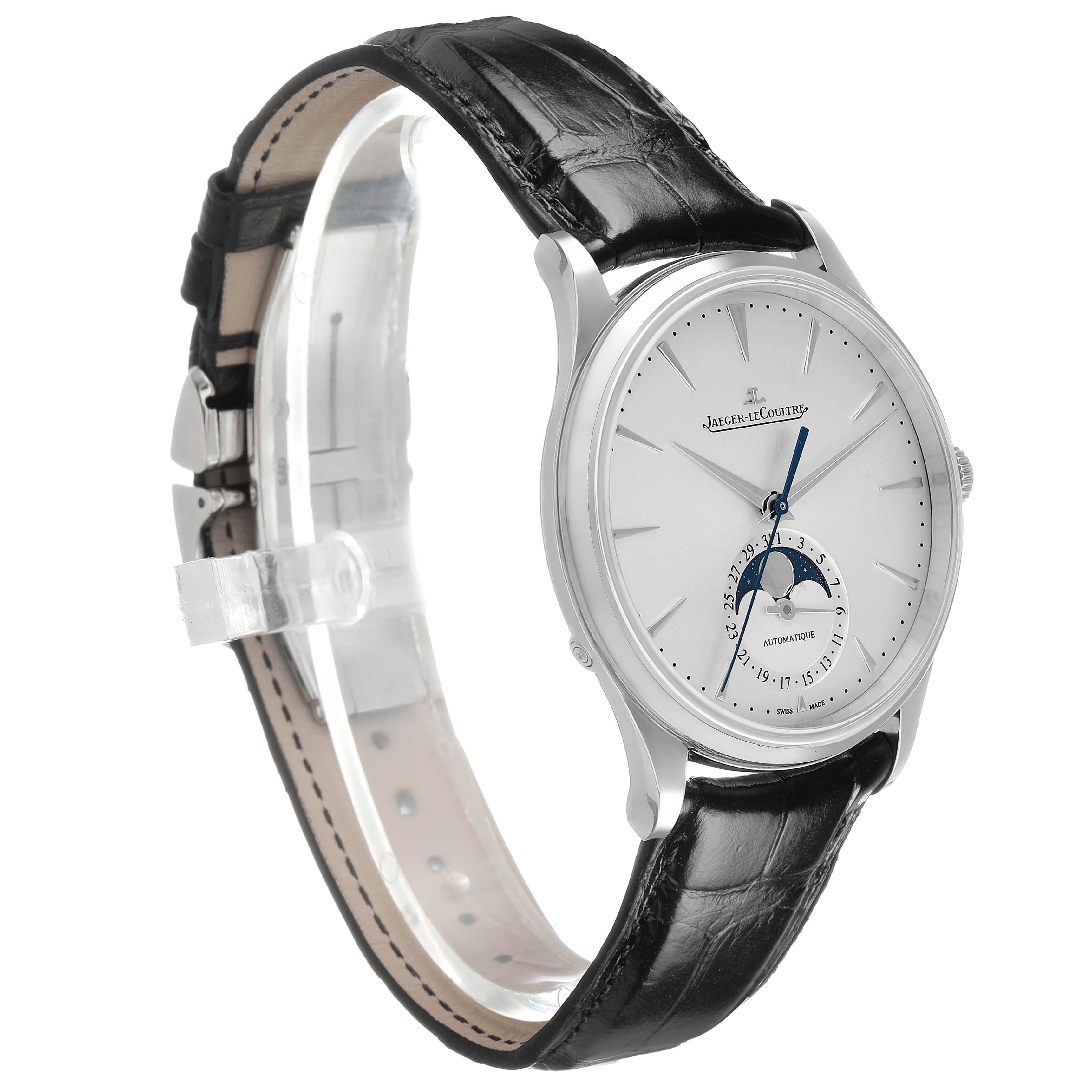 The Jaeger LeCoultre Master Q1368430 Men's Stainless Steel Silver Dial watch is shown at a three-quarter angle, highlighting the face, moon phase, and black leather strap.