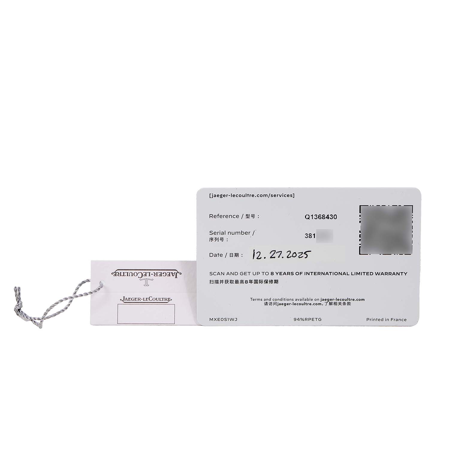 This image shows the warranty and tag for a Jaeger-LeCoultre Master model watch.