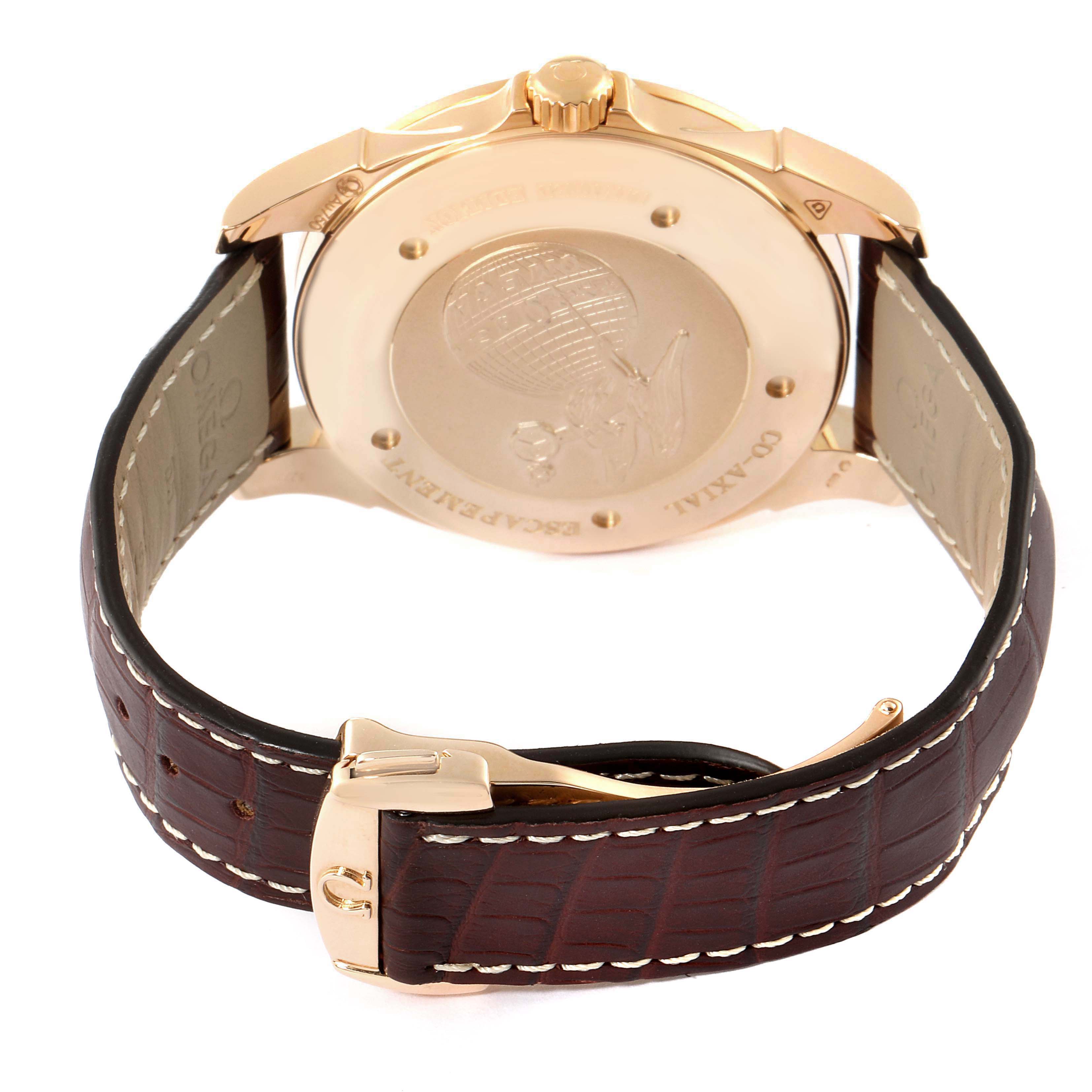 This image shows the back case and brown leather strap of the Omega De Ville 4660.20.32 Men's Rose Gold White Dial 4660.20.32 Men's Rose Gold White Dial watch, including the clasp and case back engraving.