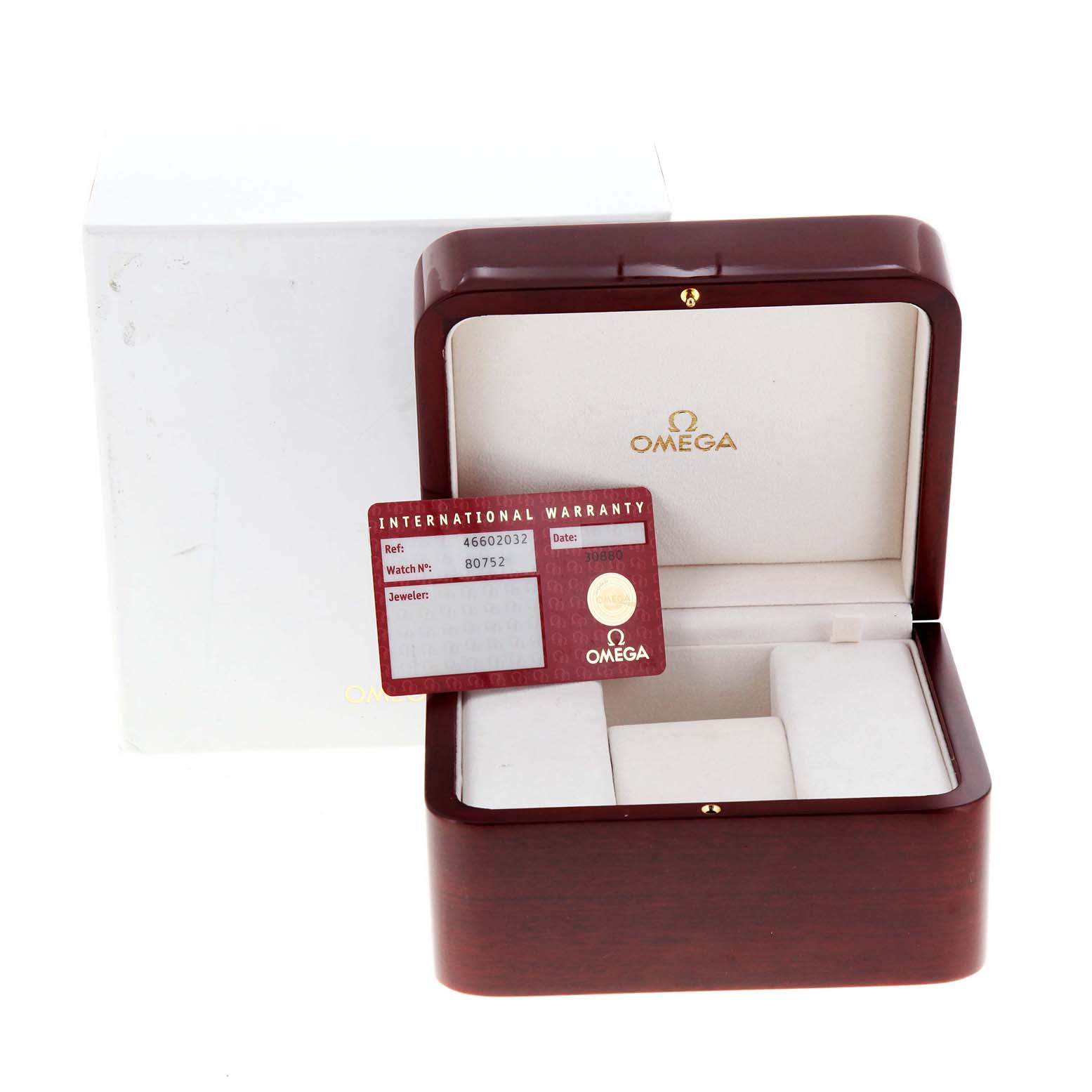 This image shows the open box for the Omega De Ville 4660.20.32 Men's Rose Gold White Dial 4660.20.32 Men's Rose Gold White Dial watch, alongside an International Warranty card.