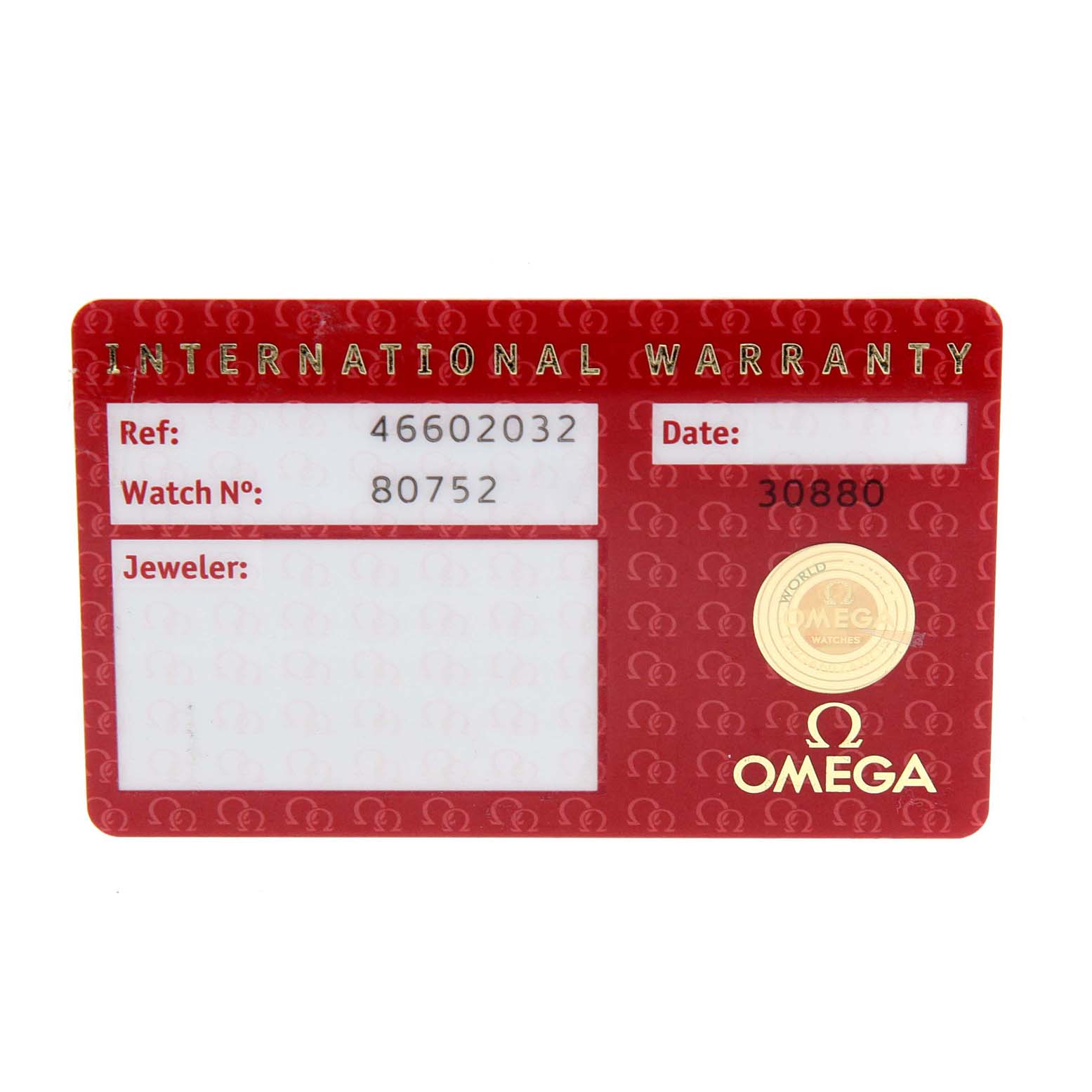 This image shows an international warranty card for the Omega De Ville 4660.20.32 Men's Rose Gold White Dial 4660.20.32 Men's Rose Gold White Dial watch model.