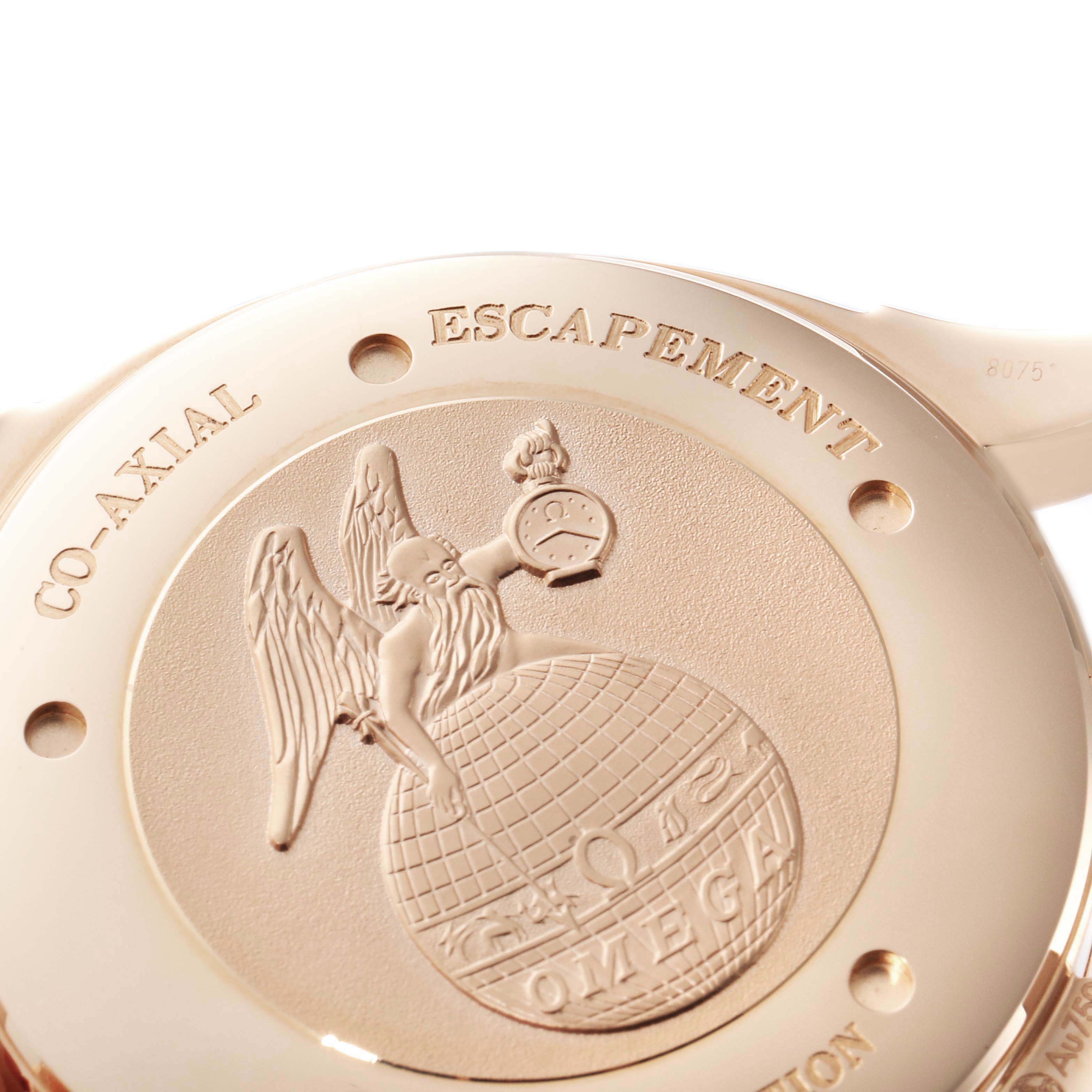 The image shows the case back of the Omega De Ville 4660.20.32 Men's Rose Gold White Dial 4660.20.32 Men's Rose Gold White Dial watch featuring the brand's Co-Axial Escapement engraving.