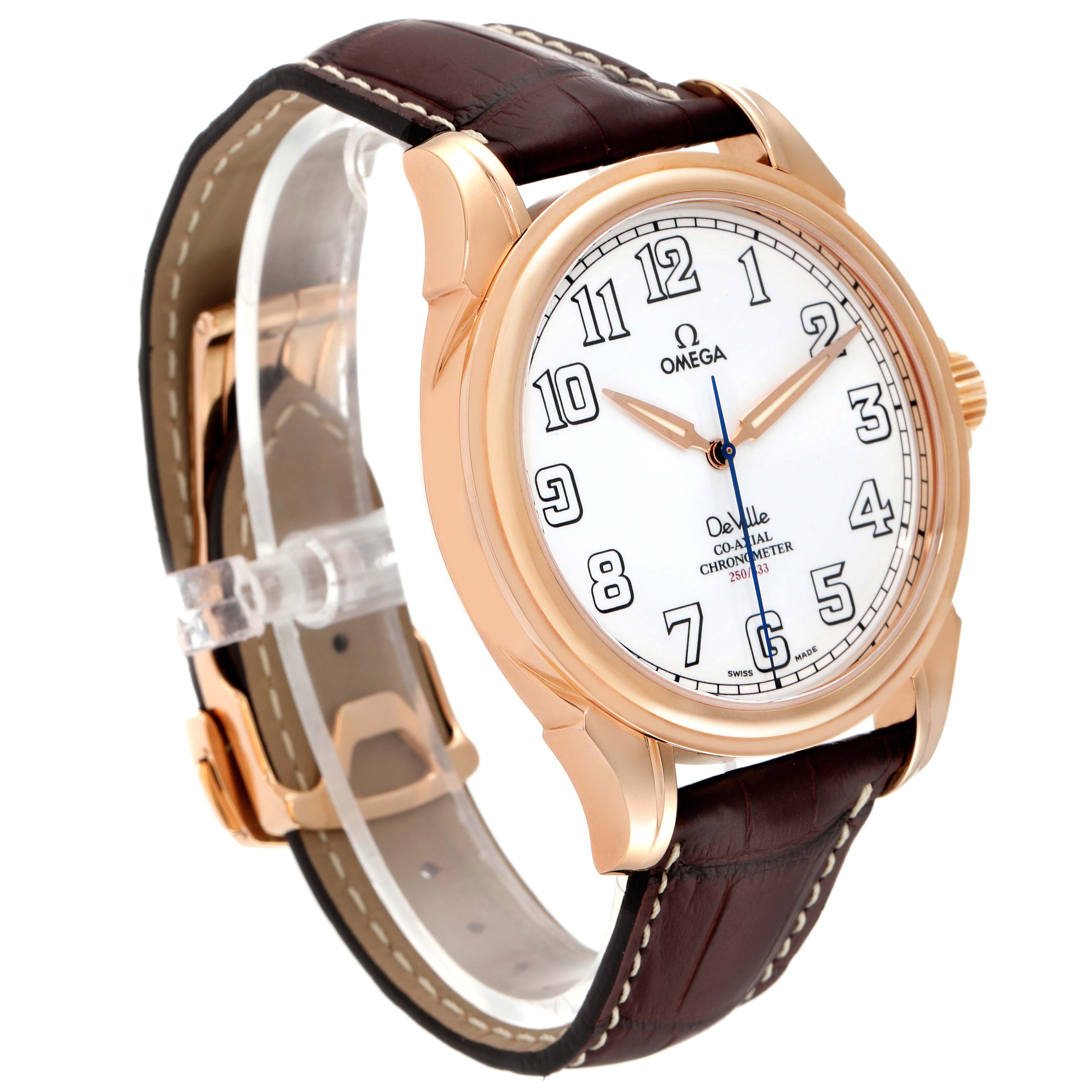This image of an Omega De Ville 4660.20.32 Men's Rose Gold White Dial 4660.20.32 Men's Rose Gold White Dial watch shows the front face, crown, case, and leather strap at an oblique angle.