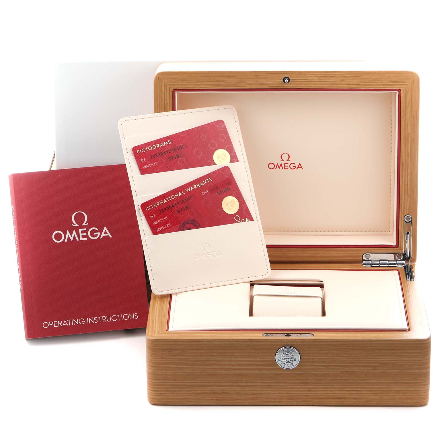 The image shows the Omega Seamaster Men
s Stainless Steel Black Dial Men
s Stainless Steel Black Dial watch box, warranty cards, and an operating manual from a front angle.