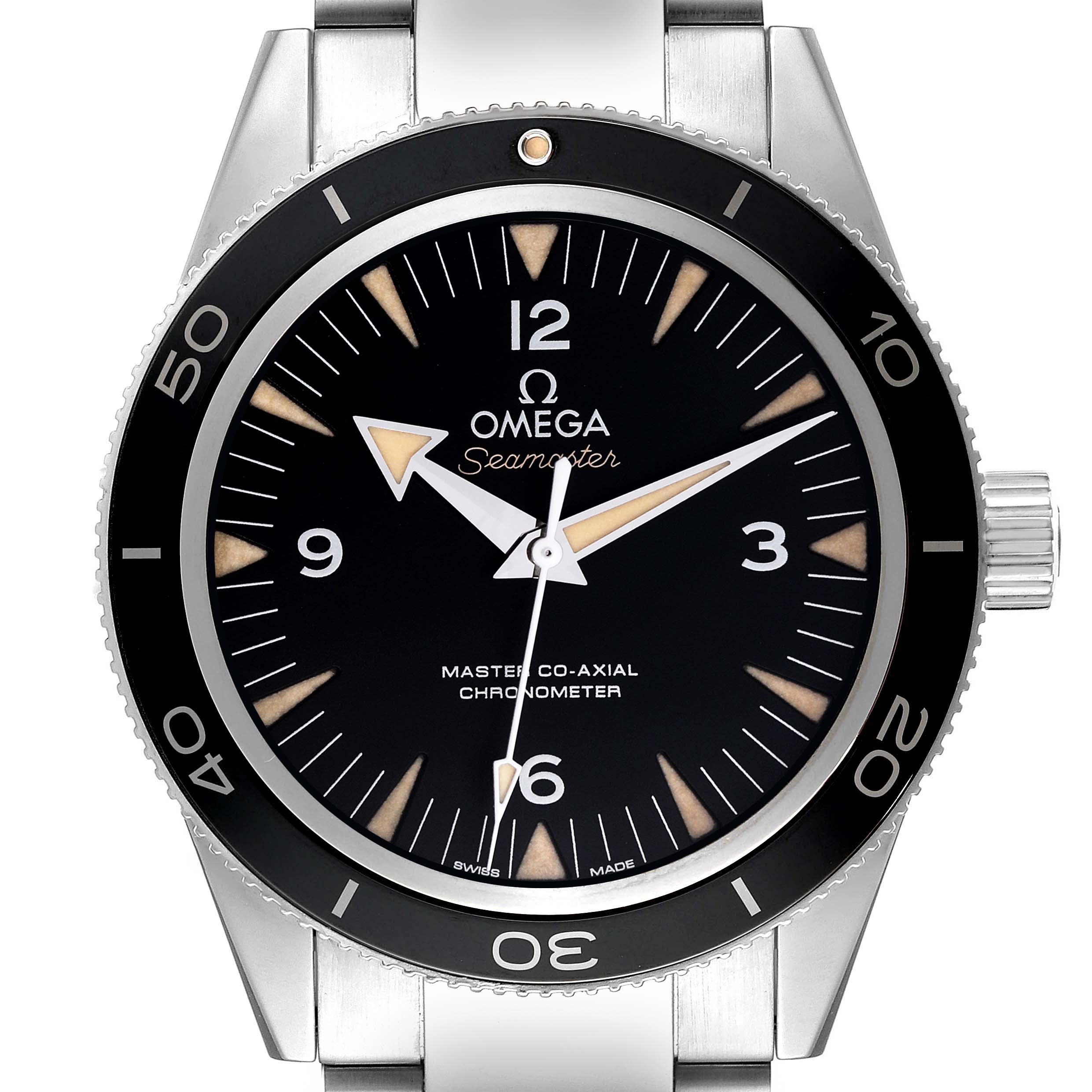 The Omega Seamaster Men
s Stainless Steel Black Dial Men
s Stainless Steel Black Dial watch is shown from the front, highlighting its face, bezel, and part of the strap.
