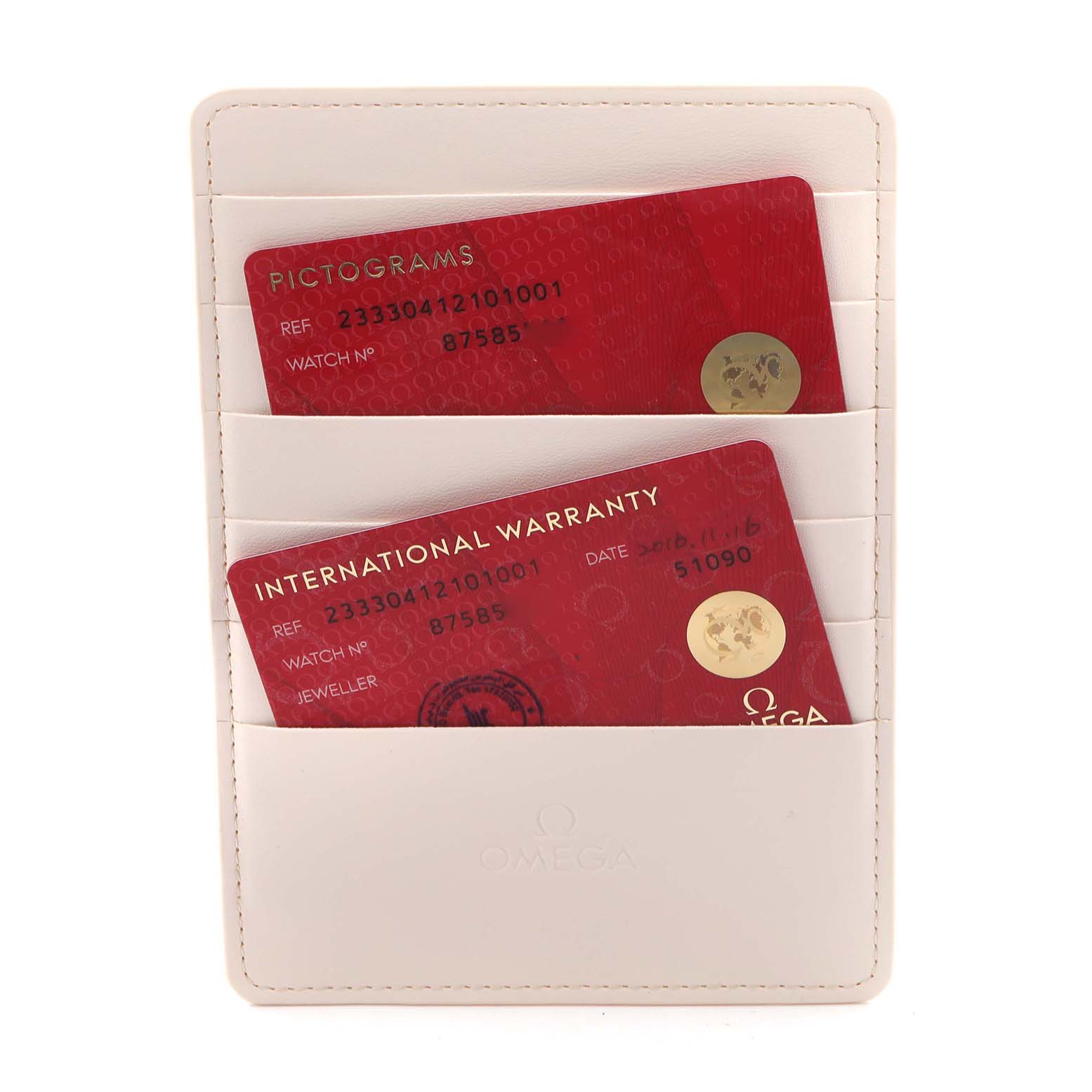 The image shows Omega Seamaster Men
s Stainless Steel Black Dial Men
s Stainless Steel Black Dial
s warranty and pictogram cards in a white cardholder.