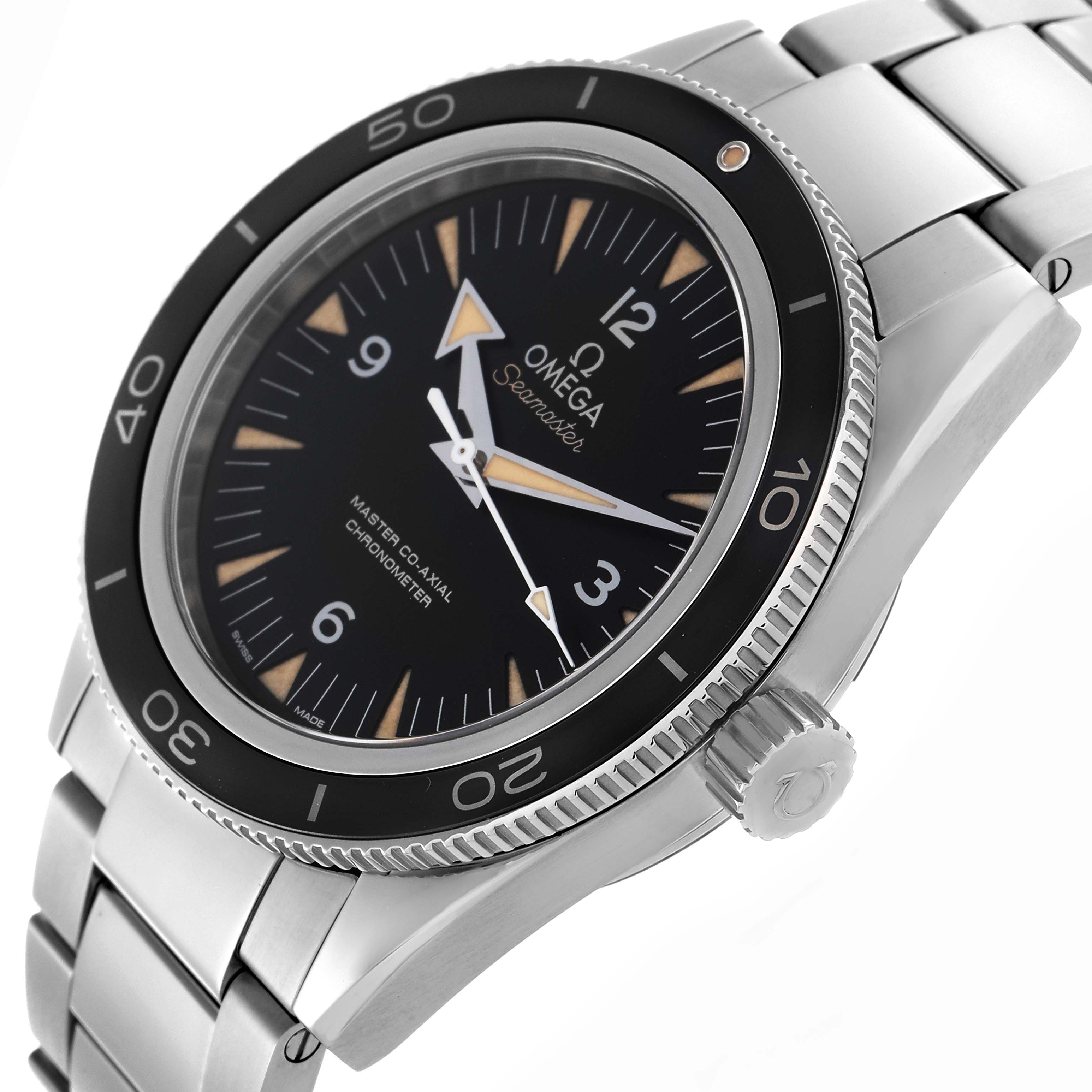 The Omega Seamaster Men
s Stainless Steel Black Dial Men
s Stainless Steel Black Dial watch is shown at an angle displaying the dial, bezel, crown, and bracelet.